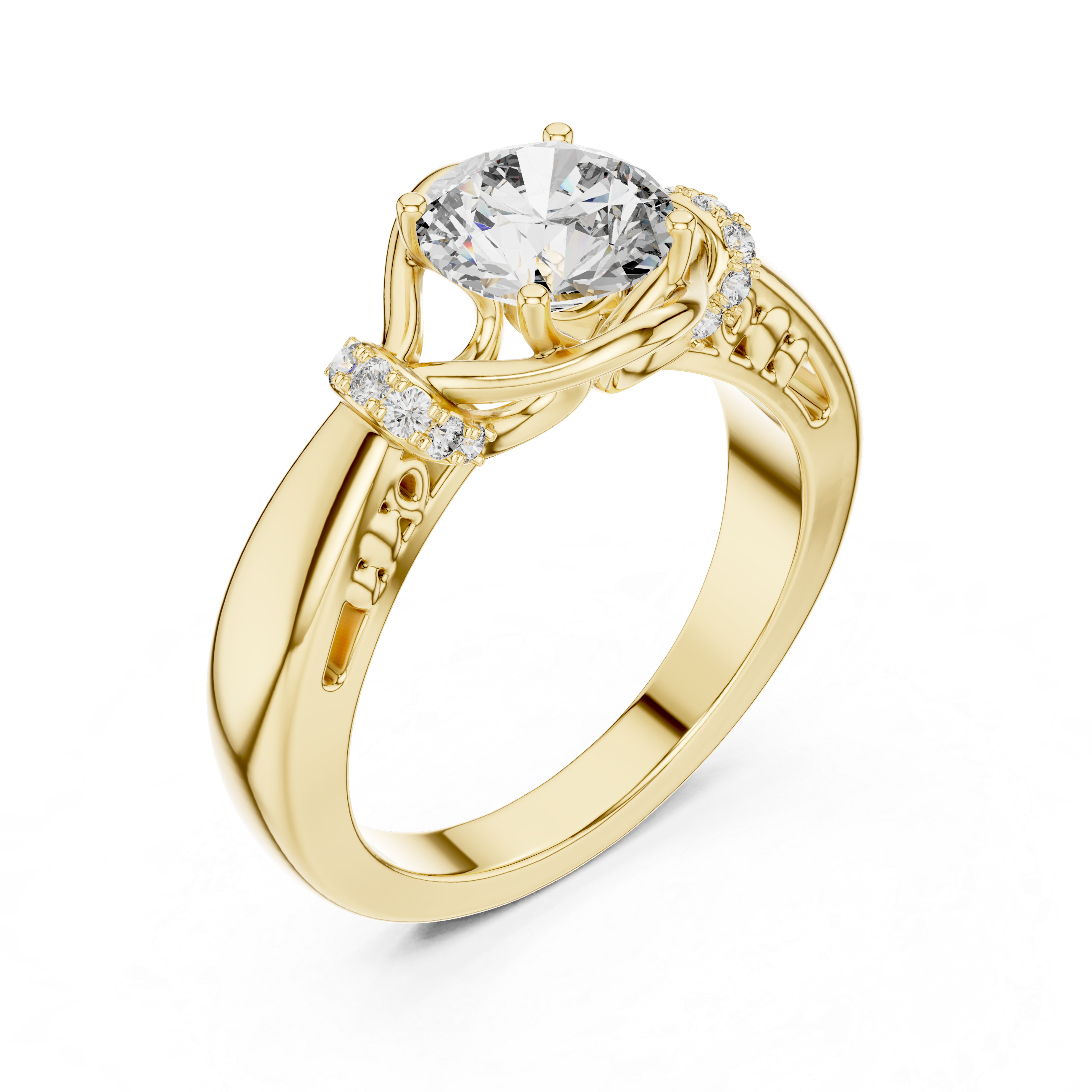 Vintage Inspired Round Solitaire Engagement Ring with Diamond Accent Halo Shoulders