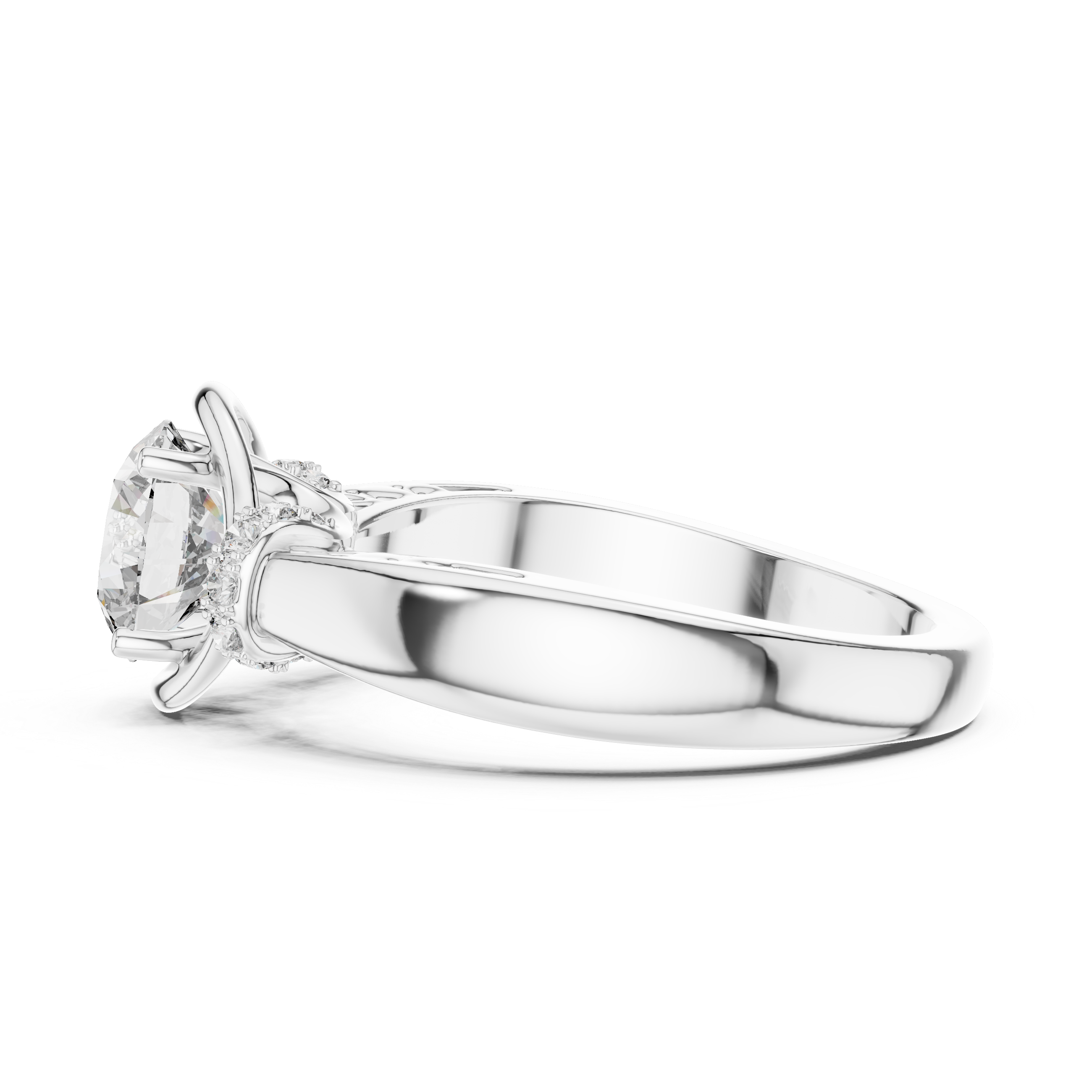 Vintage Inspired Round Solitaire Engagement Ring with Diamond Accent Halo Shoulders