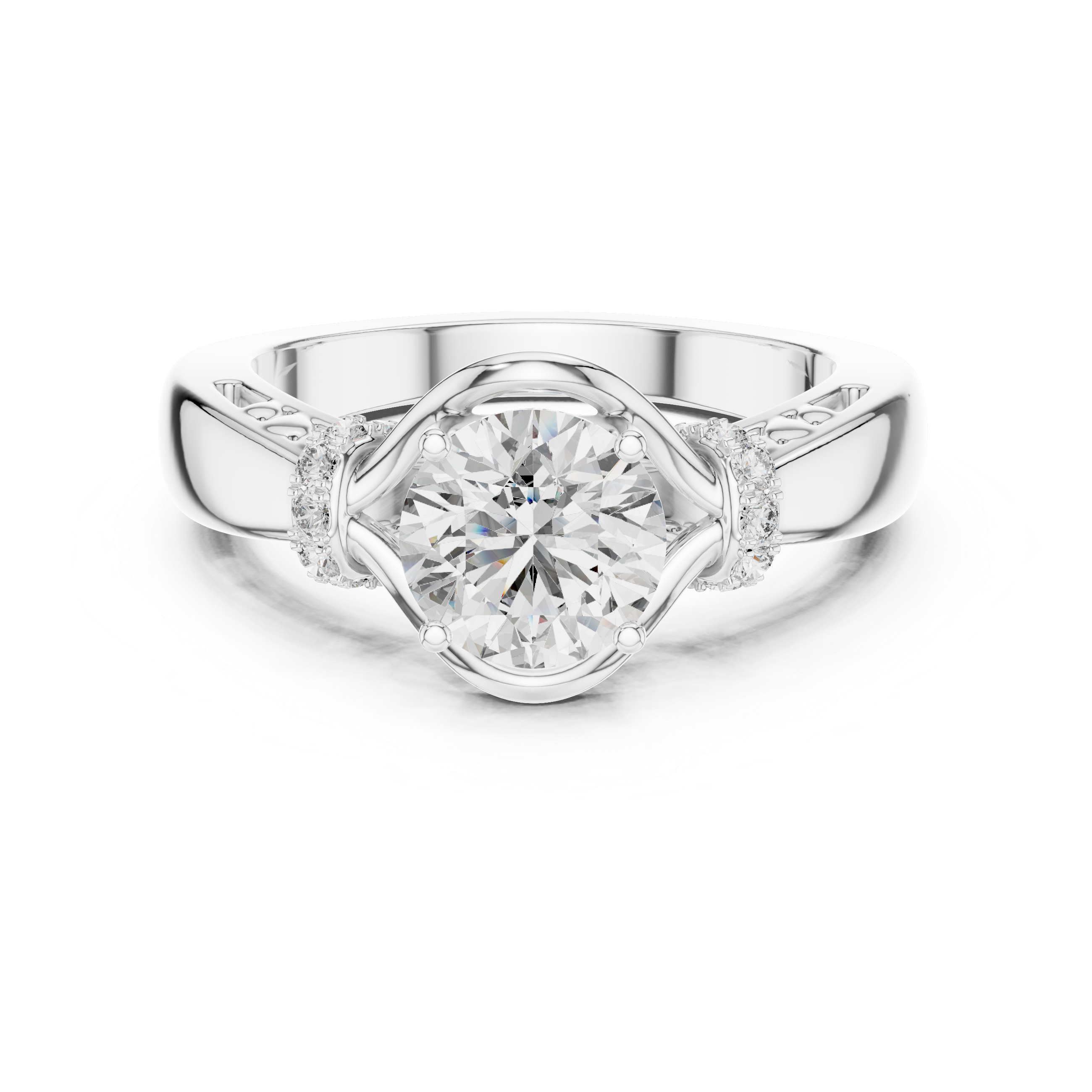 Vintage Inspired Round Solitaire Engagement Ring with Diamond Accent Halo Shoulders