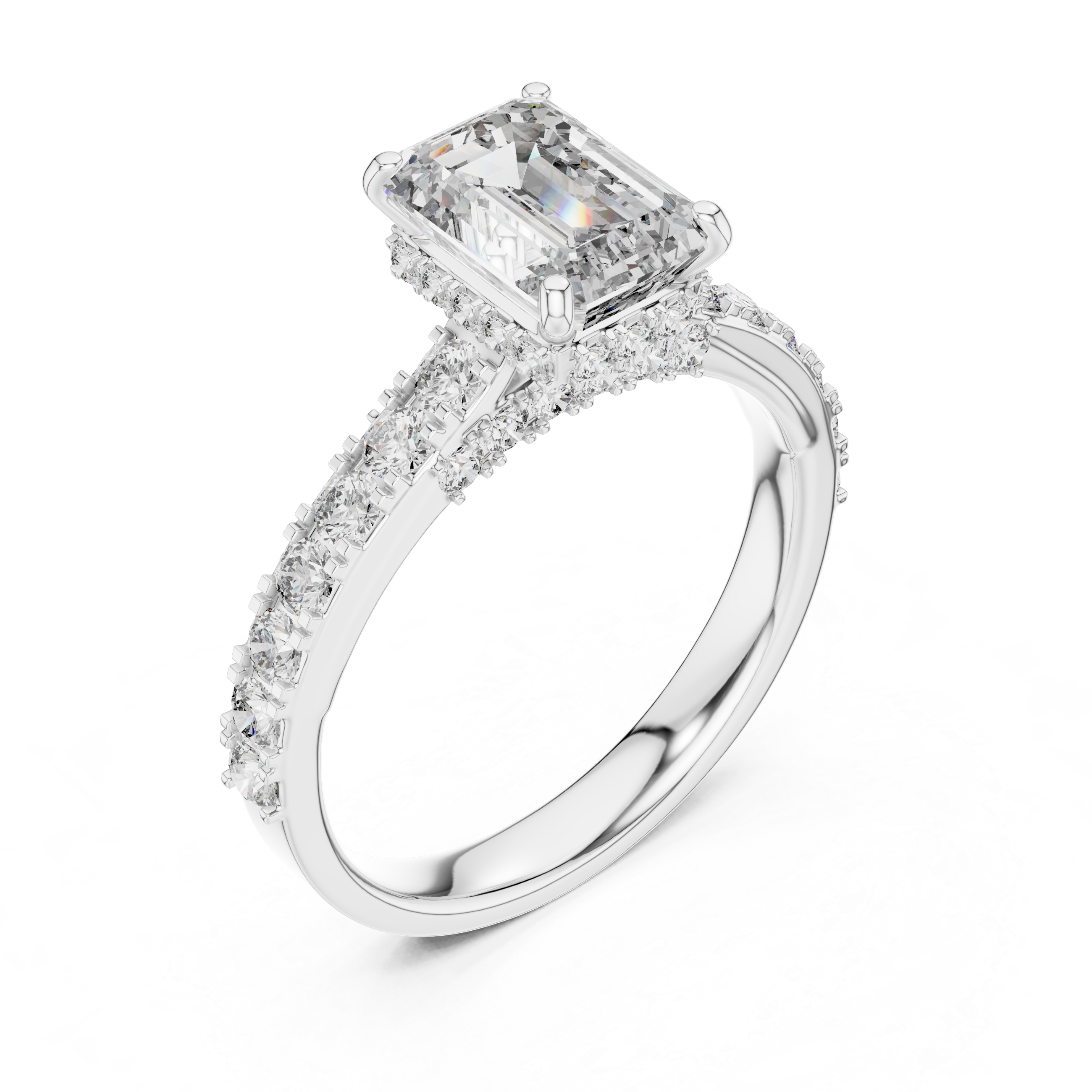 Emerald Cut Diamond Engagement Ring with Pavé Band – Modern Solitaire Bridal Ring
