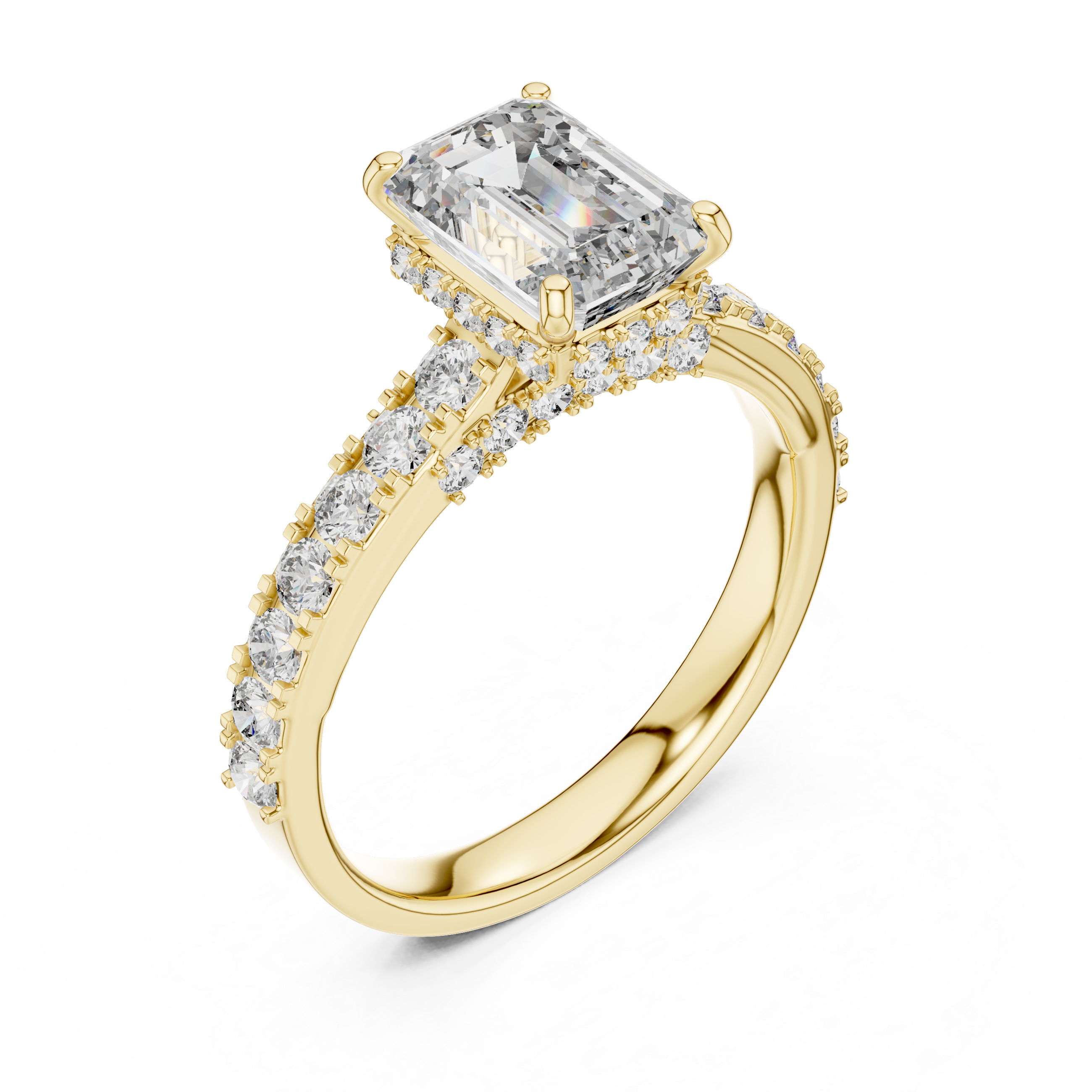 Emerald Cut Diamond Engagement Ring with Pavé Band – Modern Solitaire Bridal Ring