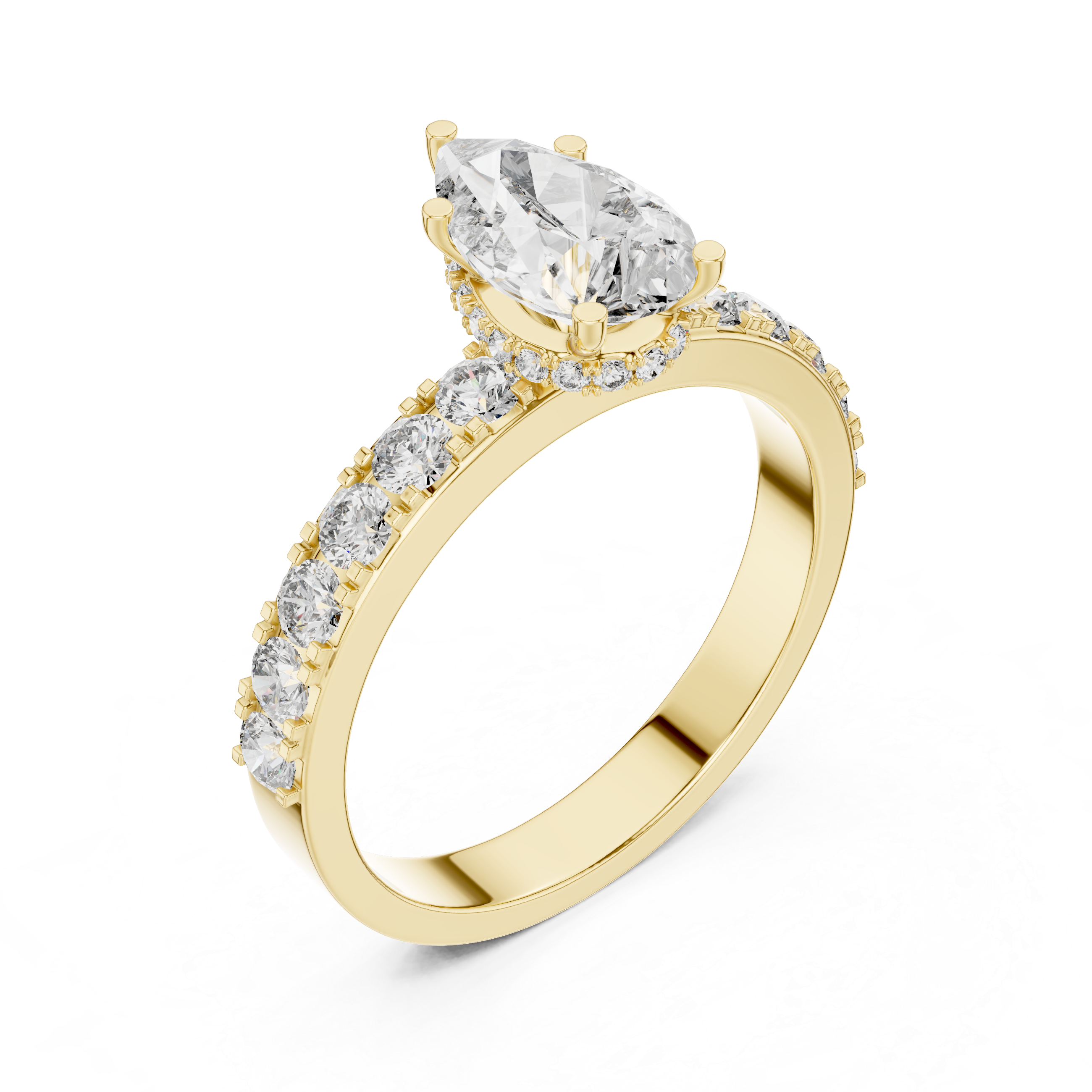 Pear Cut Solitaire Engagement Ring with Pavé Diamond Band – Minimalist Bridal Ring