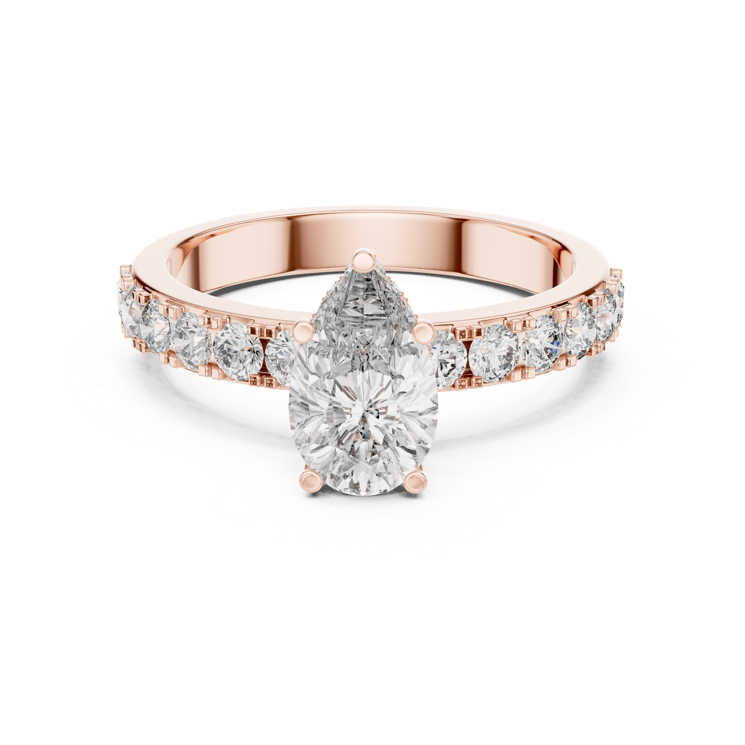 Pear Cut Solitaire Engagement Ring with Pavé Diamond Band – Minimalist Bridal Ring