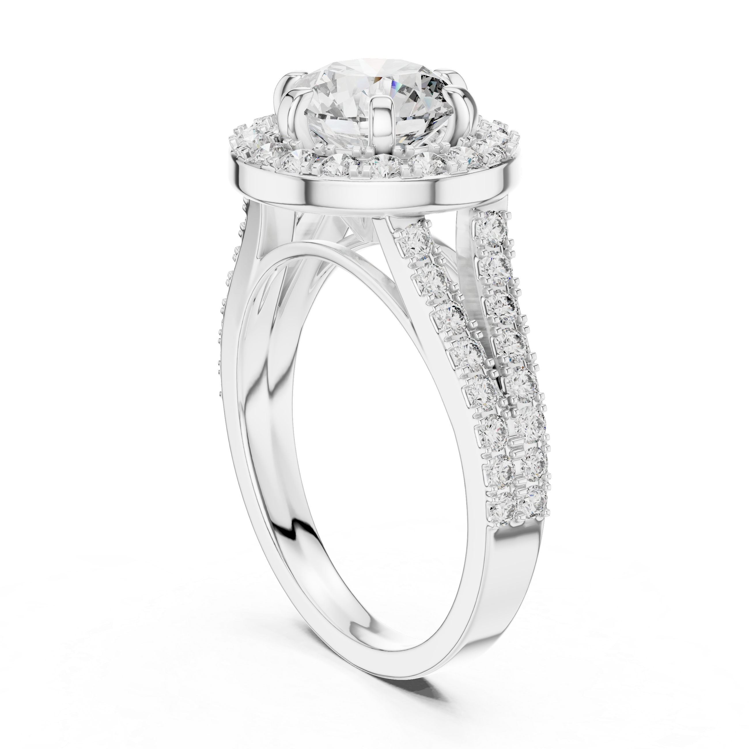 Luxury Double Halo Engagement Ring with Split Shank Diamond Band – Round Brilliant Bridal Ring
