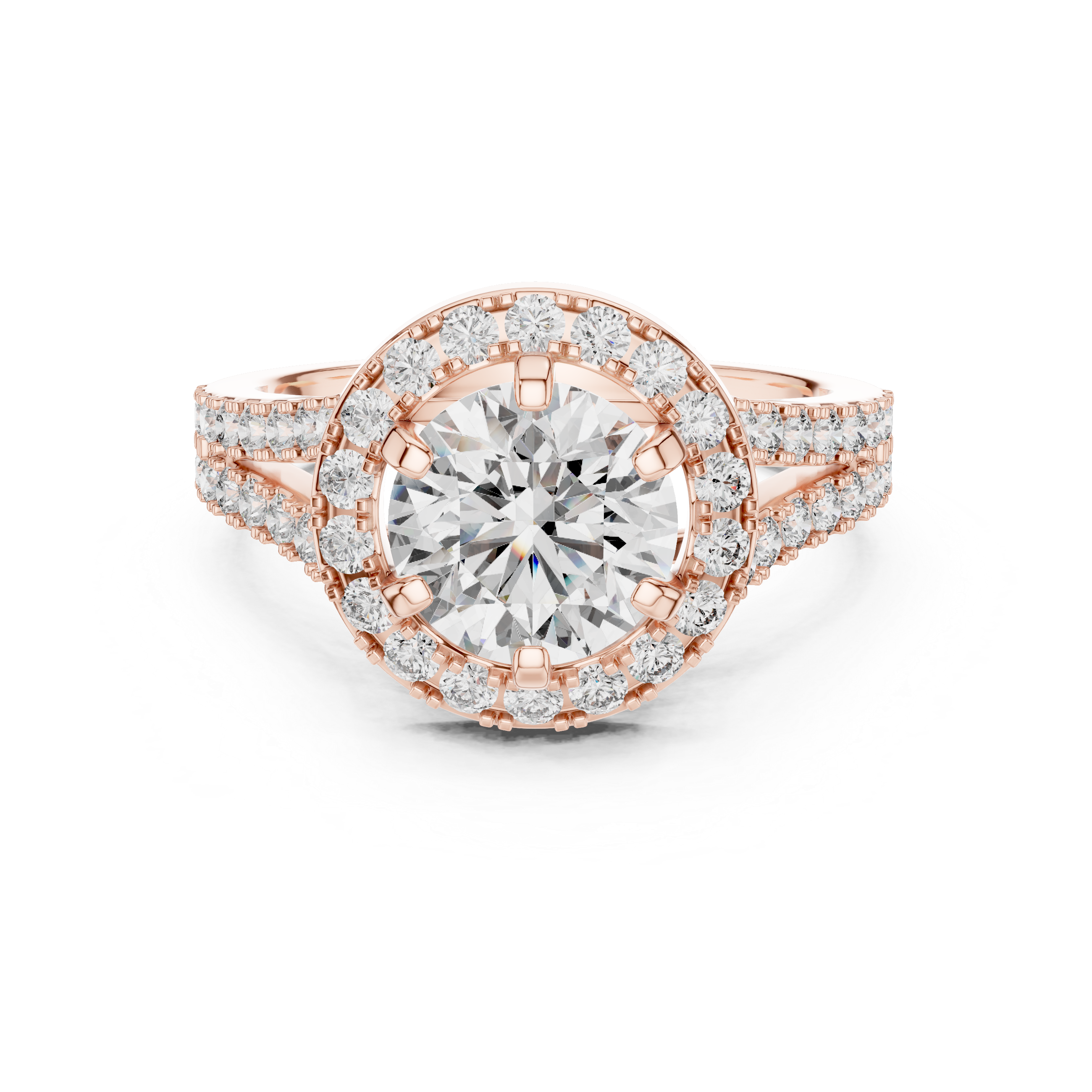Luxury Double Halo Engagement Ring with Split Shank Diamond Band – Round Brilliant Bridal Ring