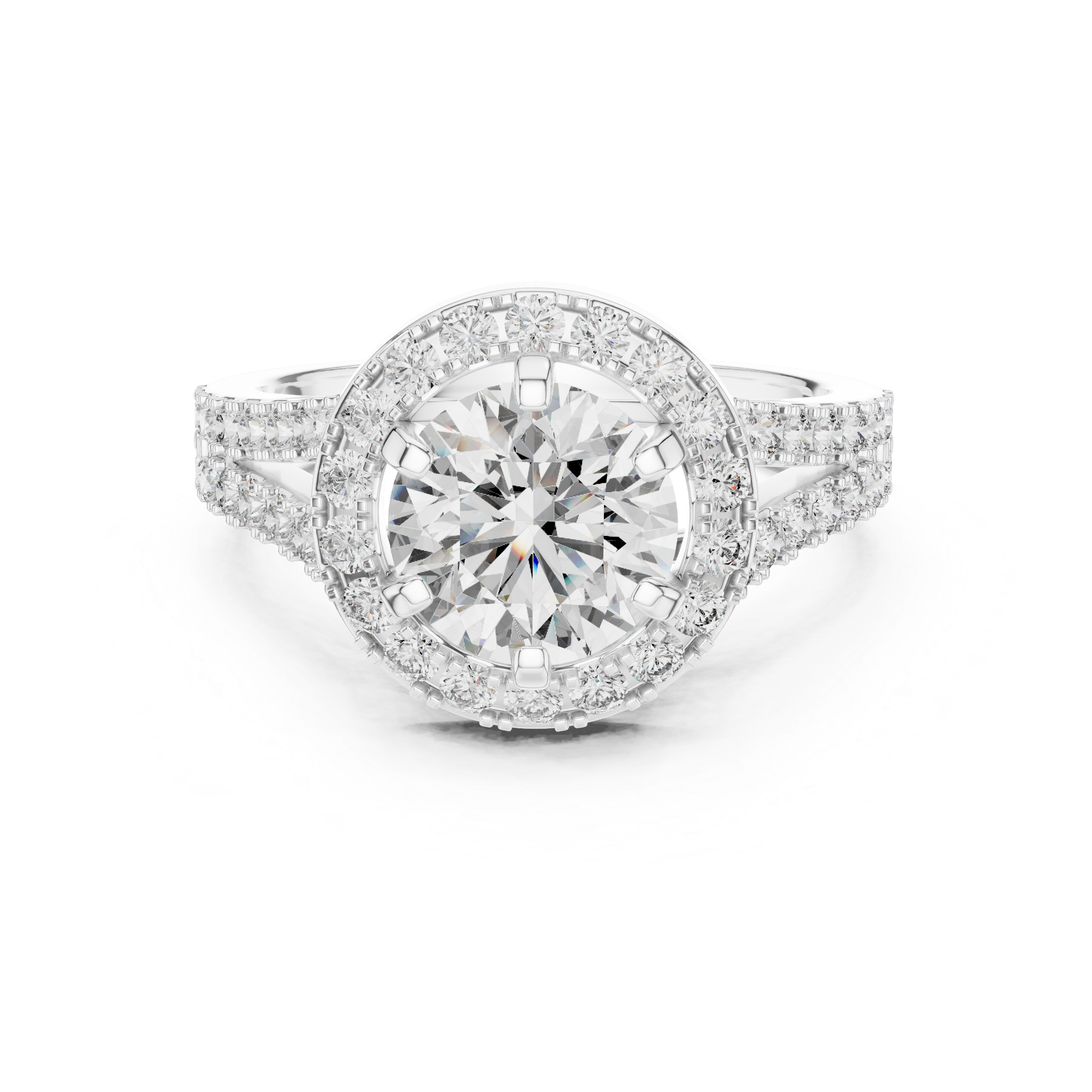 Luxury Double Halo Engagement Ring with Split Shank Diamond Band – Round Brilliant Bridal Ring