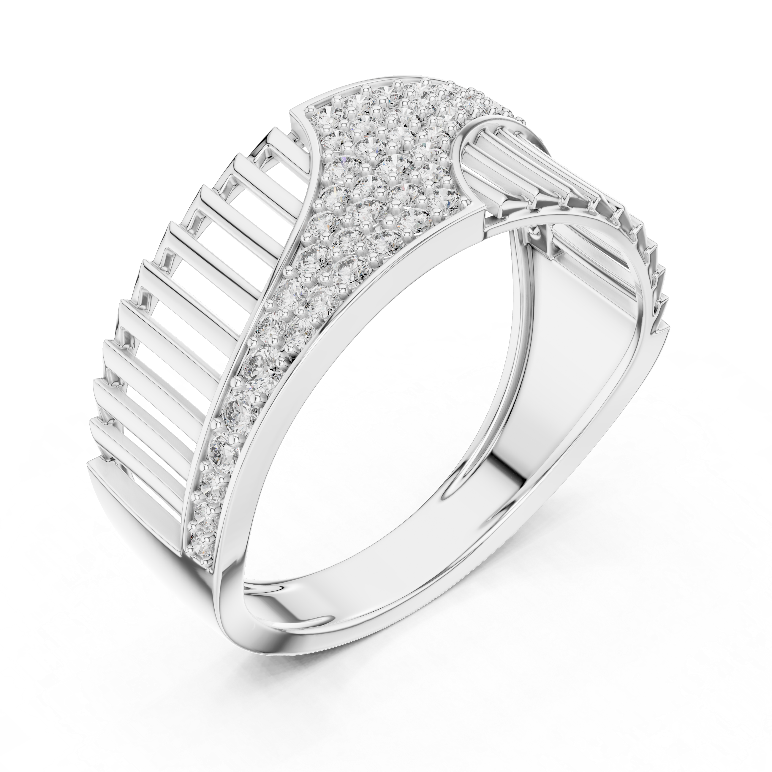 Modern Wave Pavé Diamond Ring with Open Bar Architecture