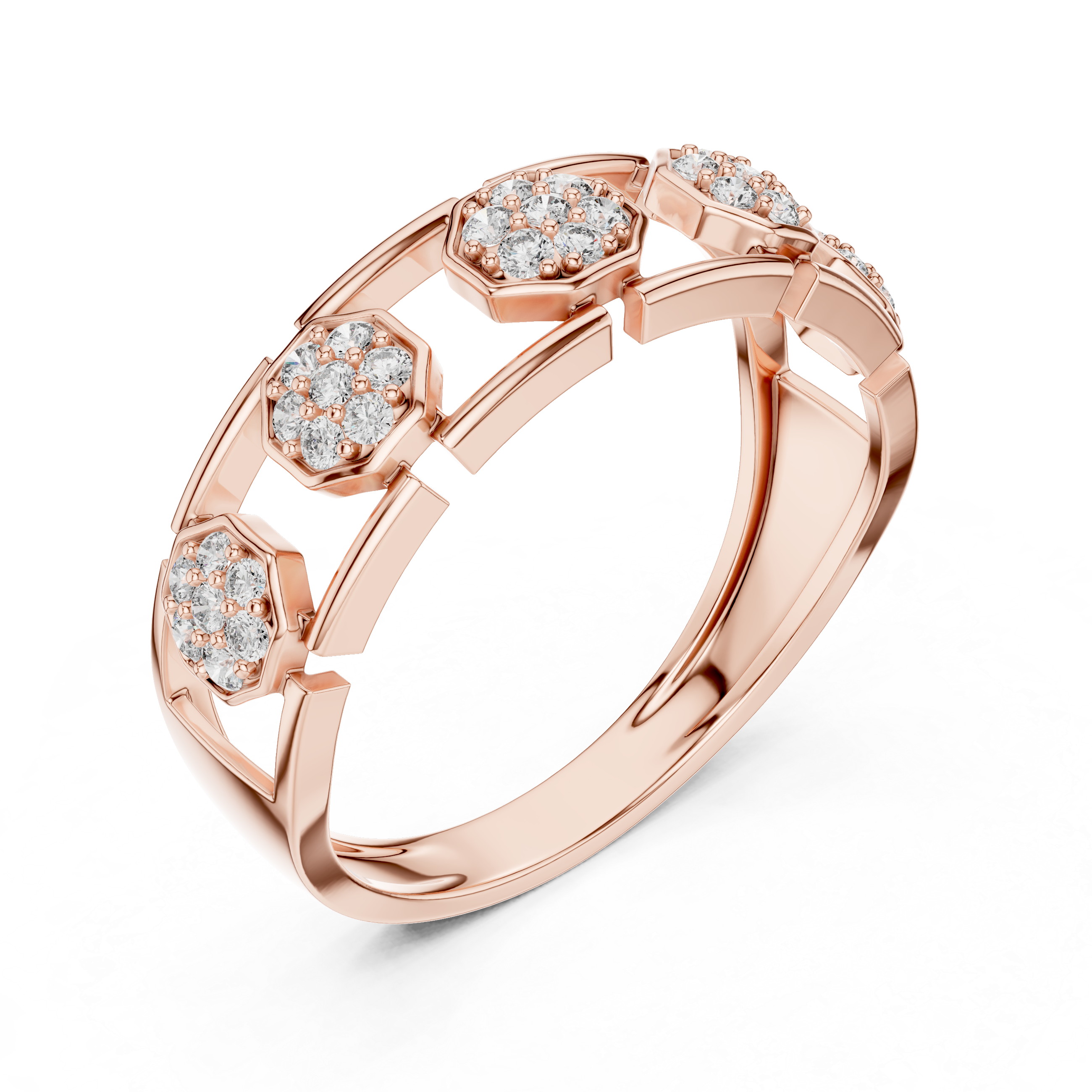 Modern Hexagon Cluster Diamond Ring with Open Gallery Design
