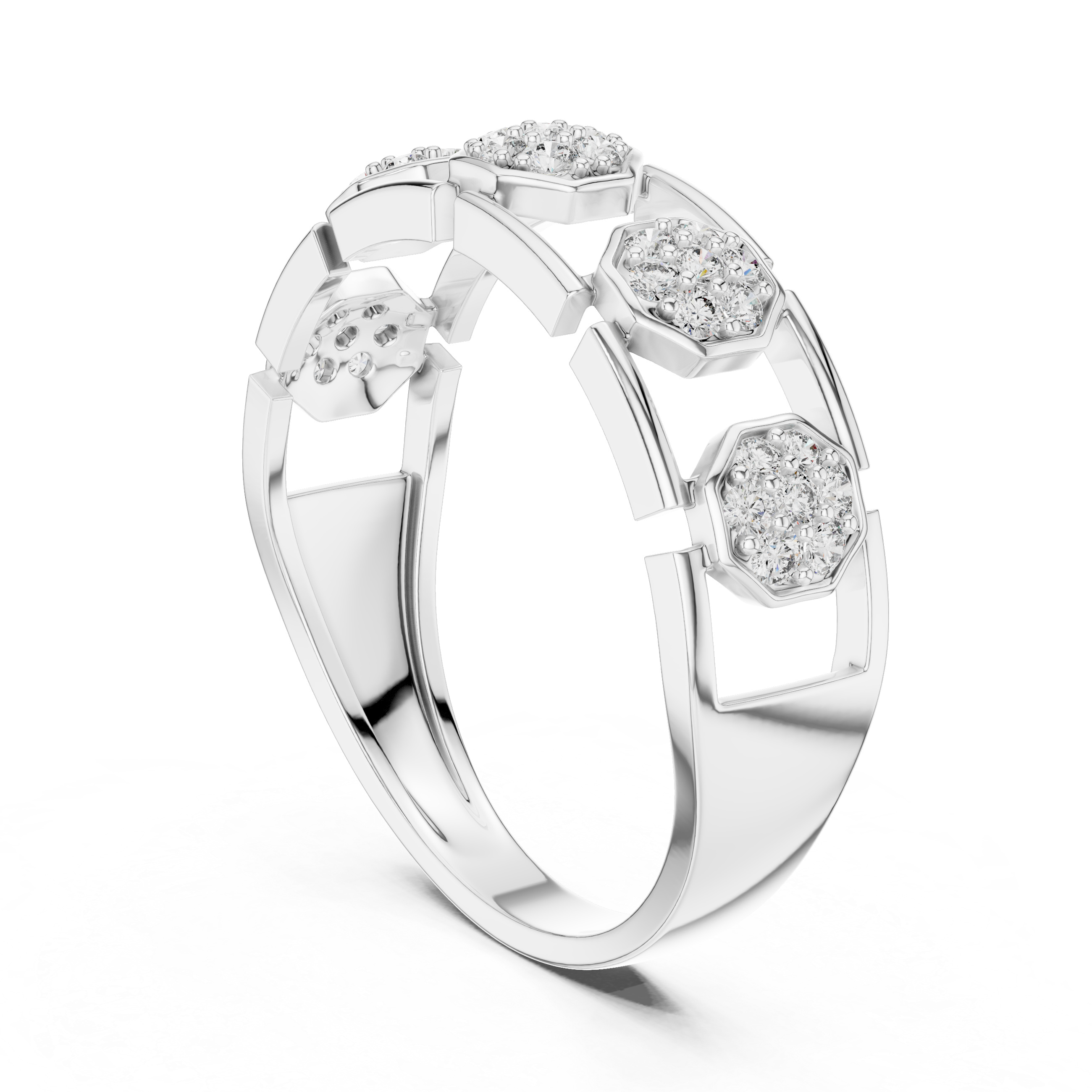 Modern Hexagon Cluster Diamond Ring with Open Gallery Design