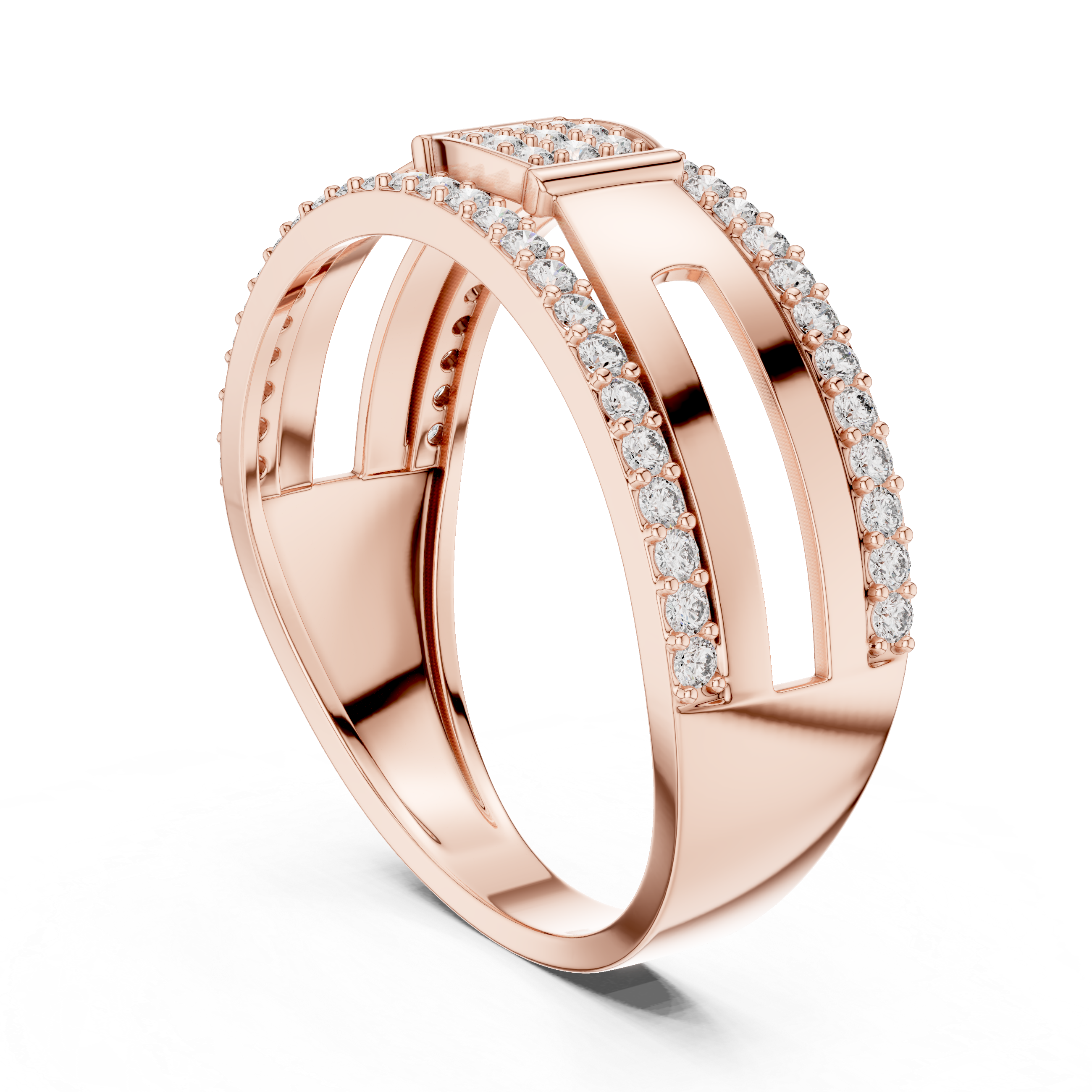 Modern Double Row Diamond Band Ring with Square Cluster Center