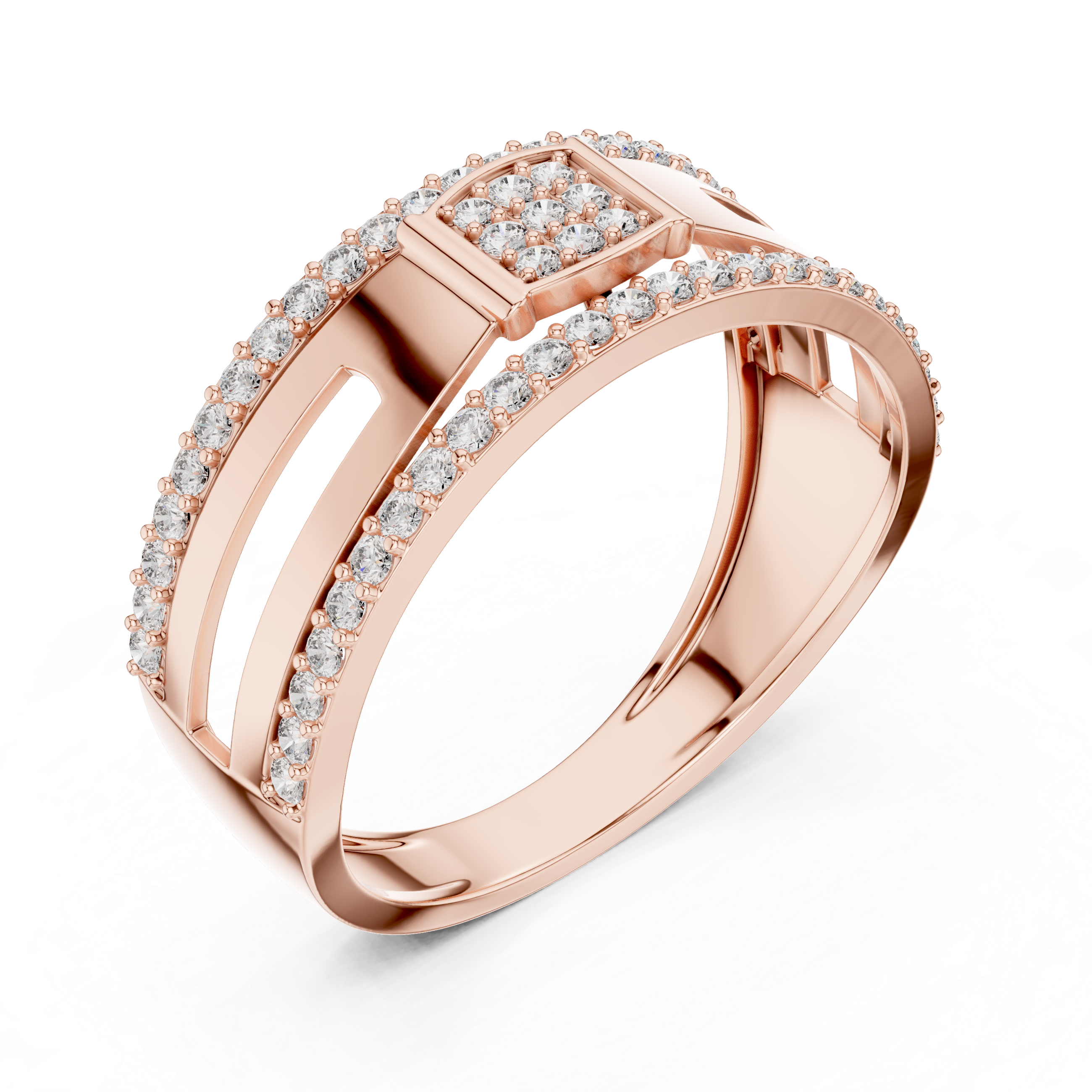 Modern Double Row Diamond Band Ring with Square Cluster Center