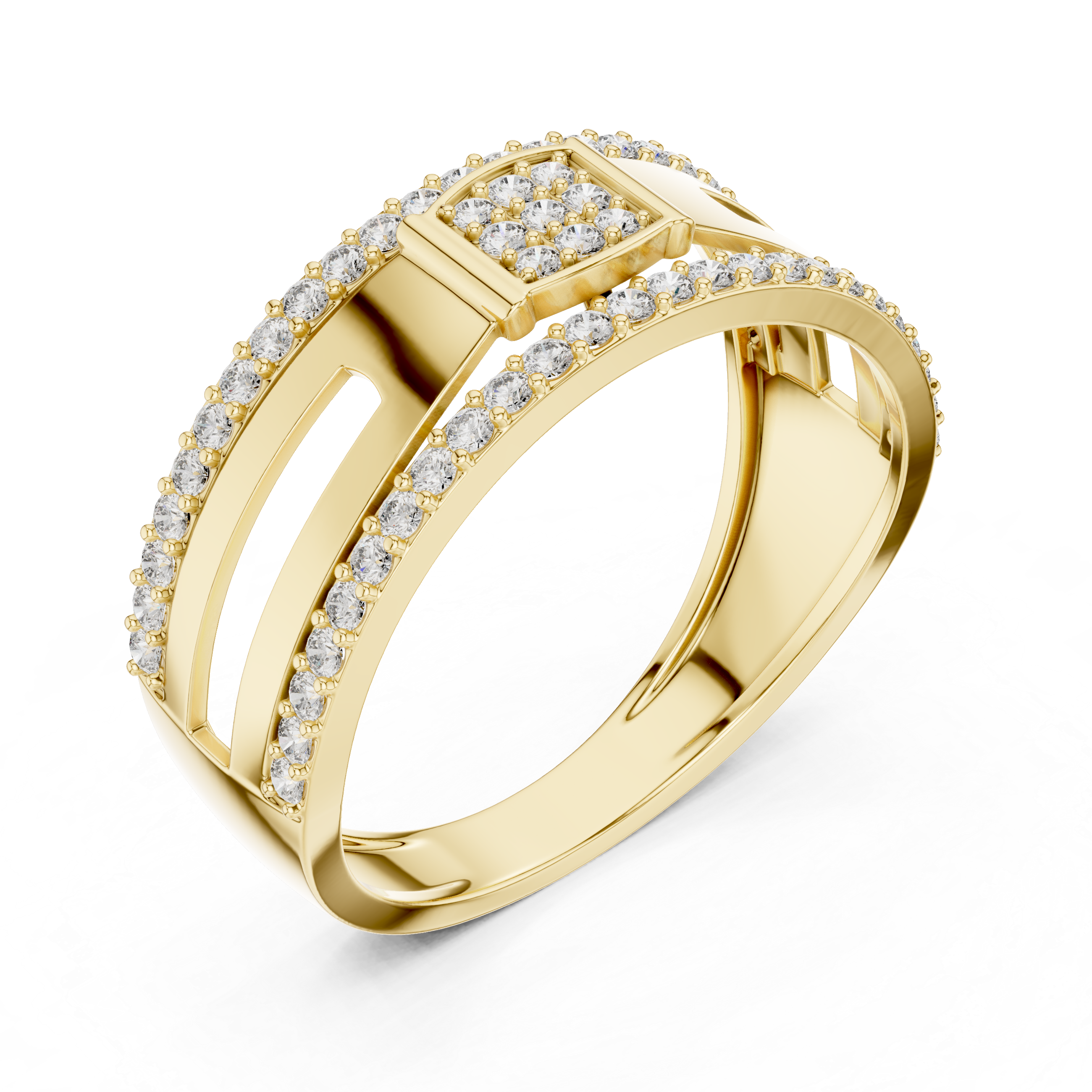 Modern Double Row Diamond Band Ring with Square Cluster Center