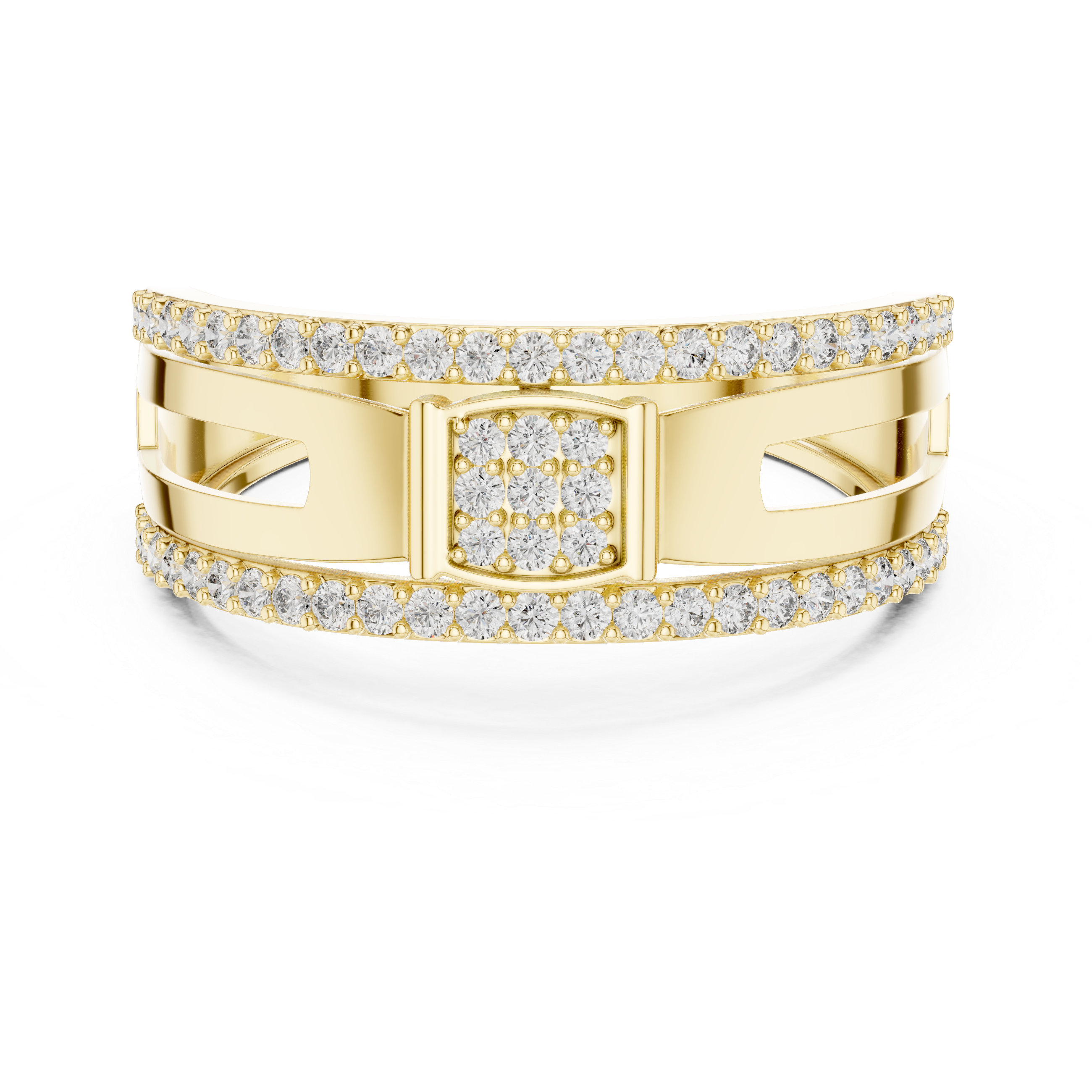 Modern Double Row Diamond Band Ring with Square Cluster Center