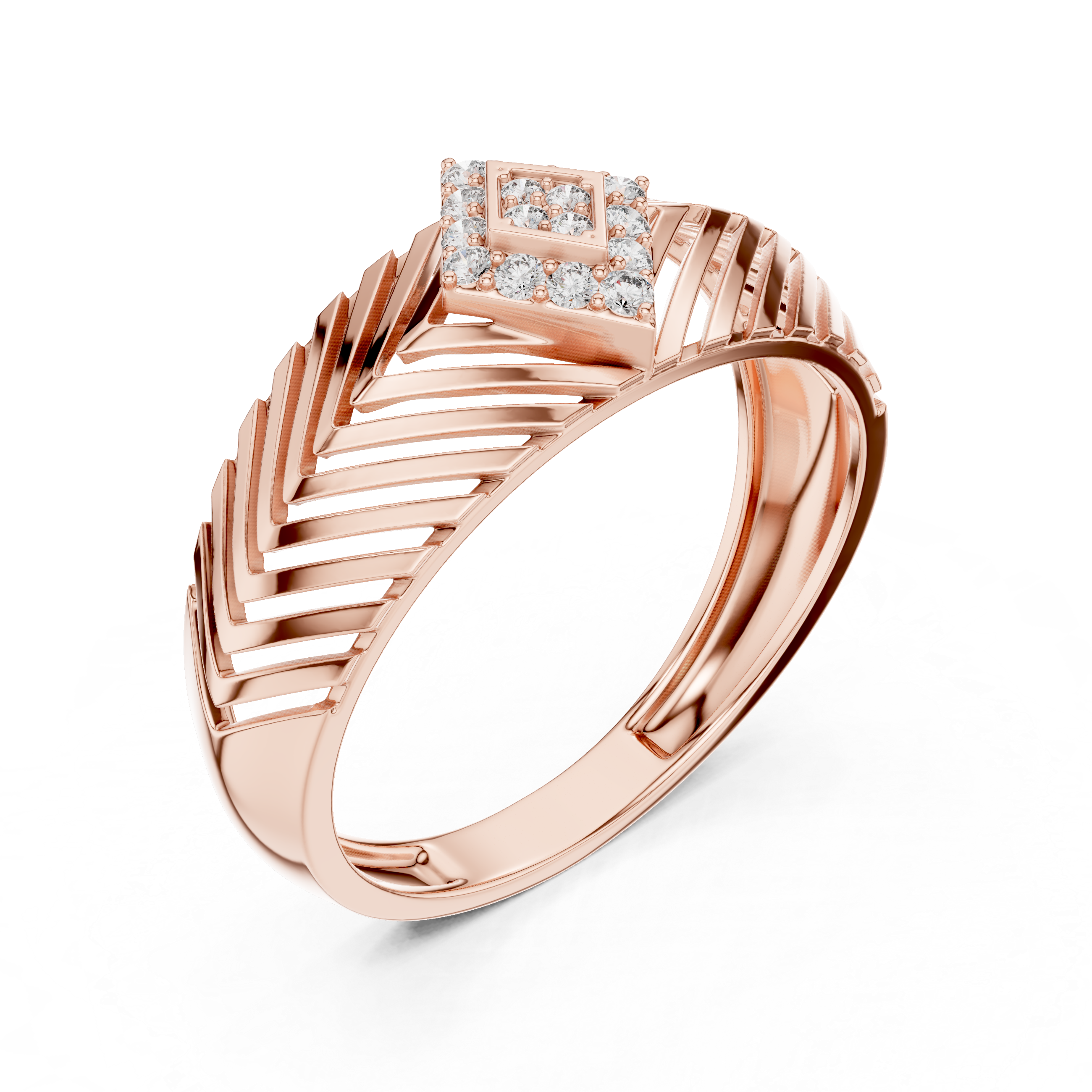 Chevron Pattern Diamond Ring with Geometric Cluster Center