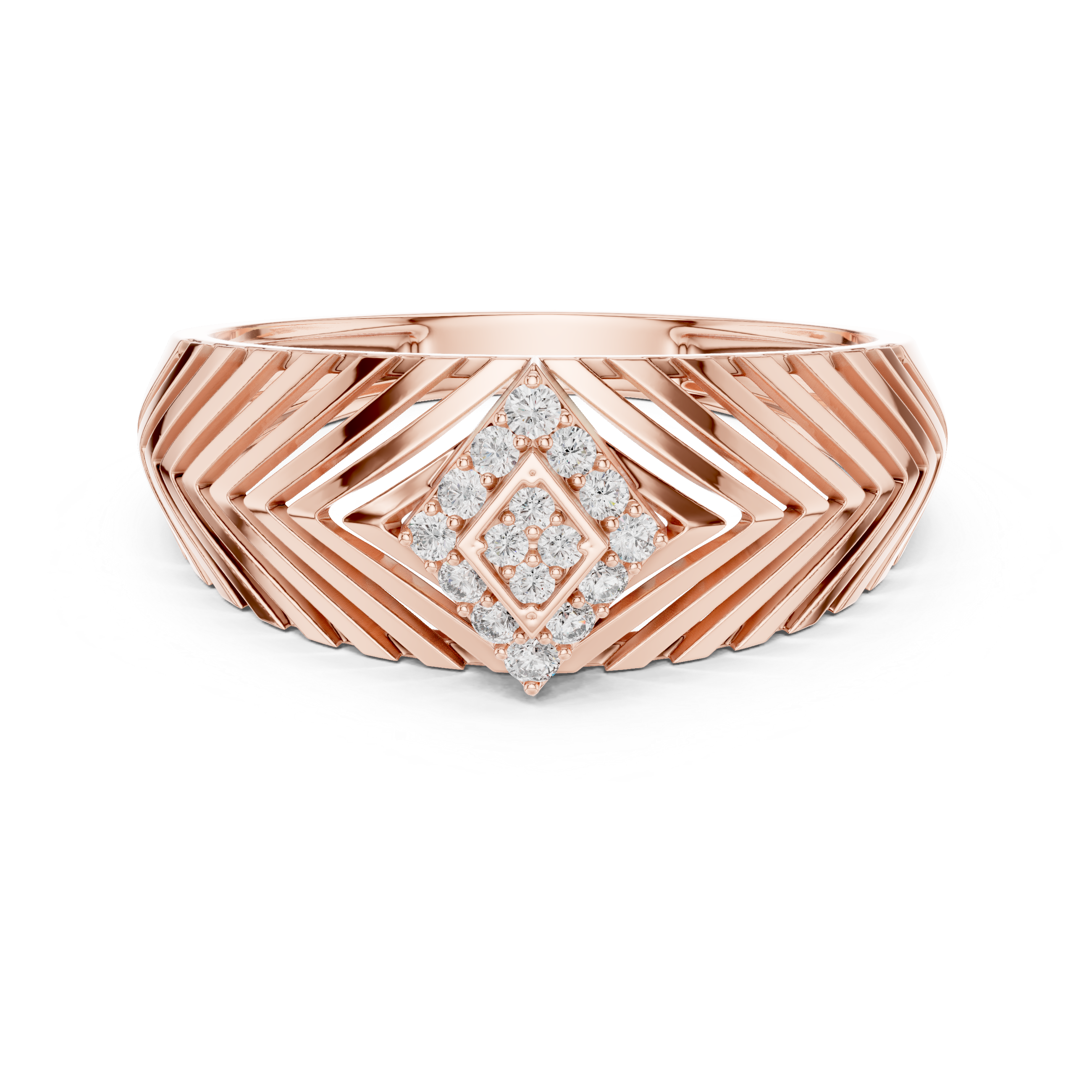 Chevron Pattern Diamond Ring with Geometric Cluster Center
