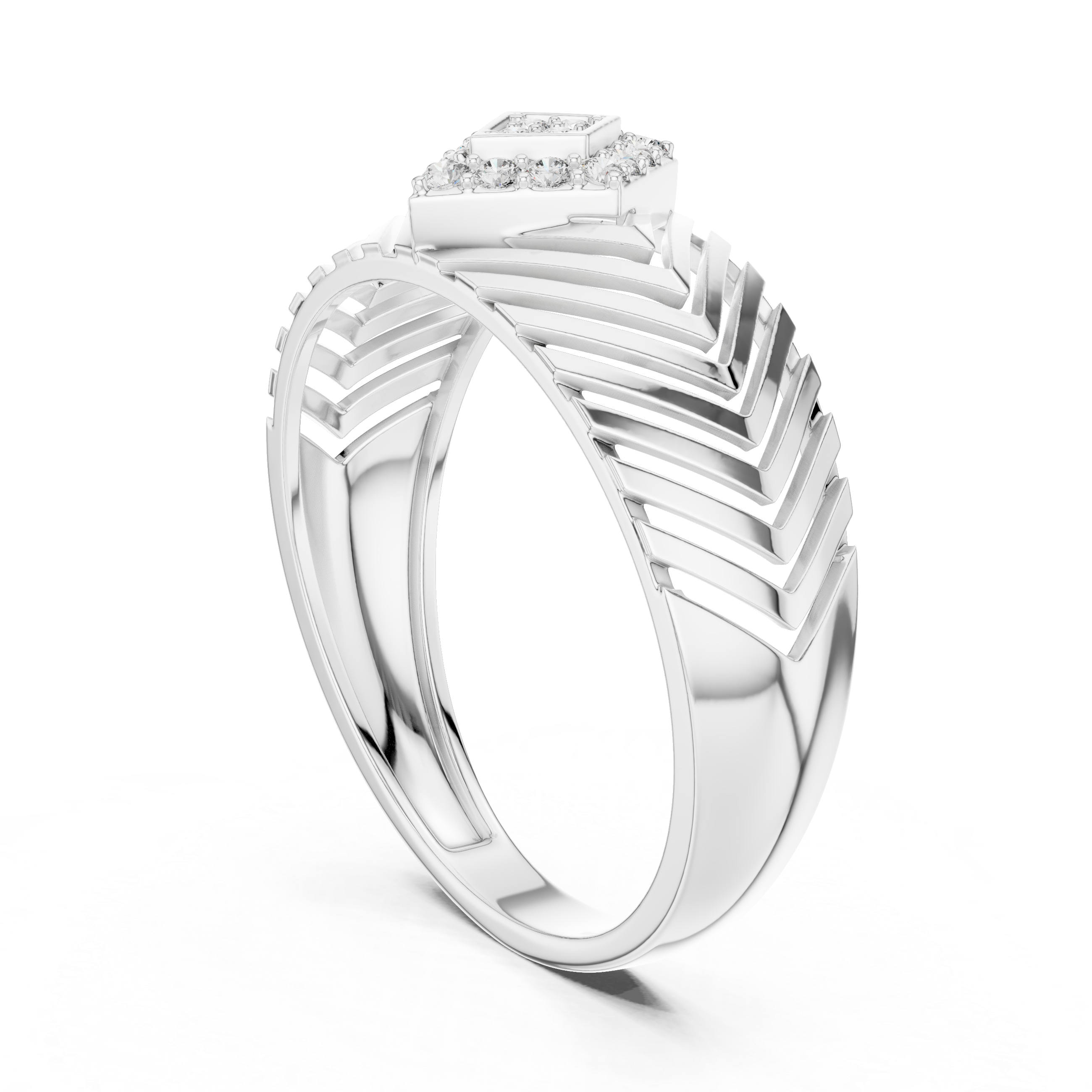 Chevron Pattern Diamond Ring with Geometric Cluster Center
