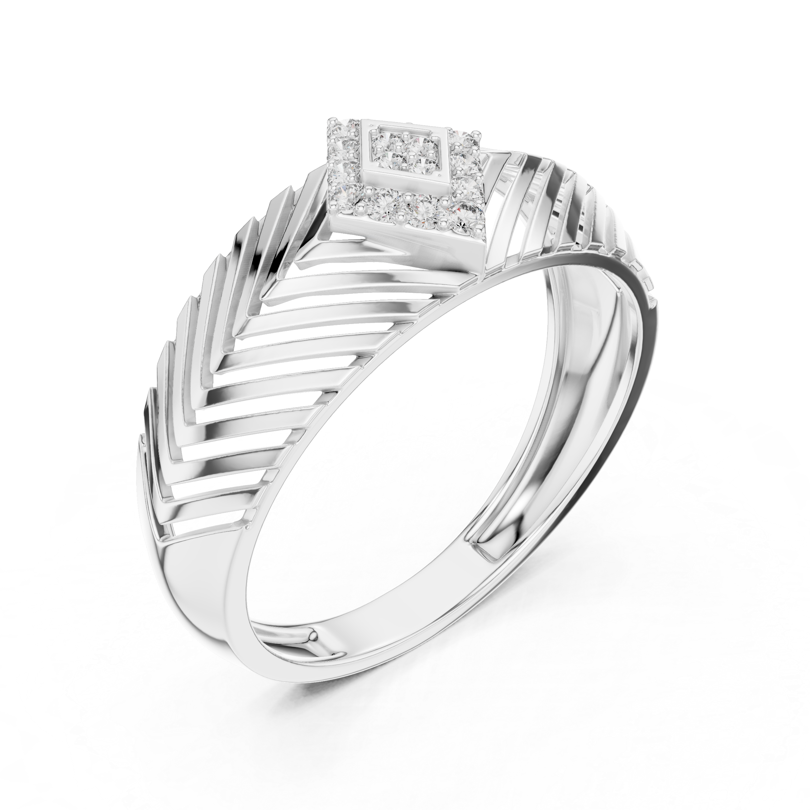 Chevron Pattern Diamond Ring with Geometric Cluster Center