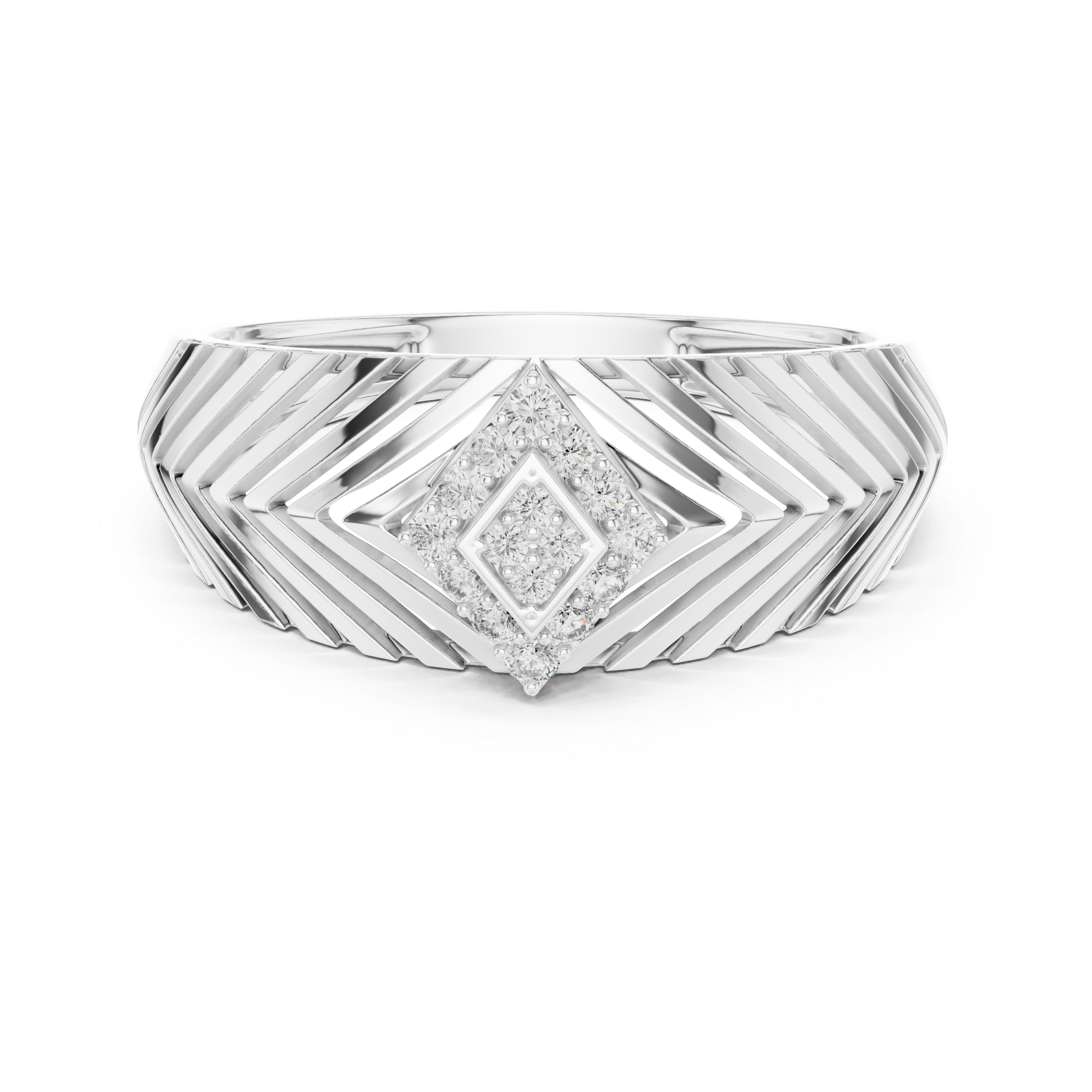 Chevron Pattern Diamond Ring with Geometric Cluster Center