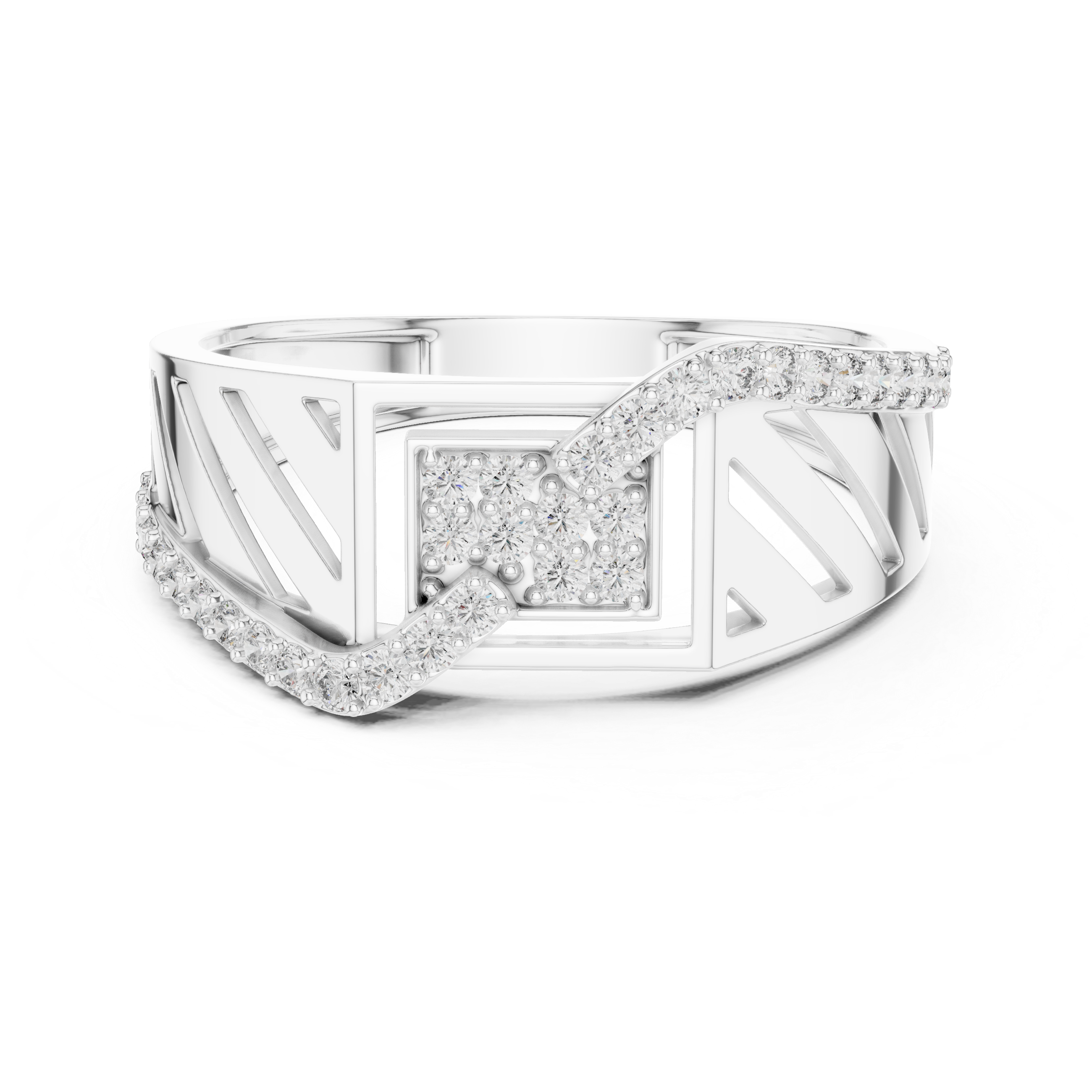 Modern Roman Numeral Diamond Ring with Wave Pavé Design