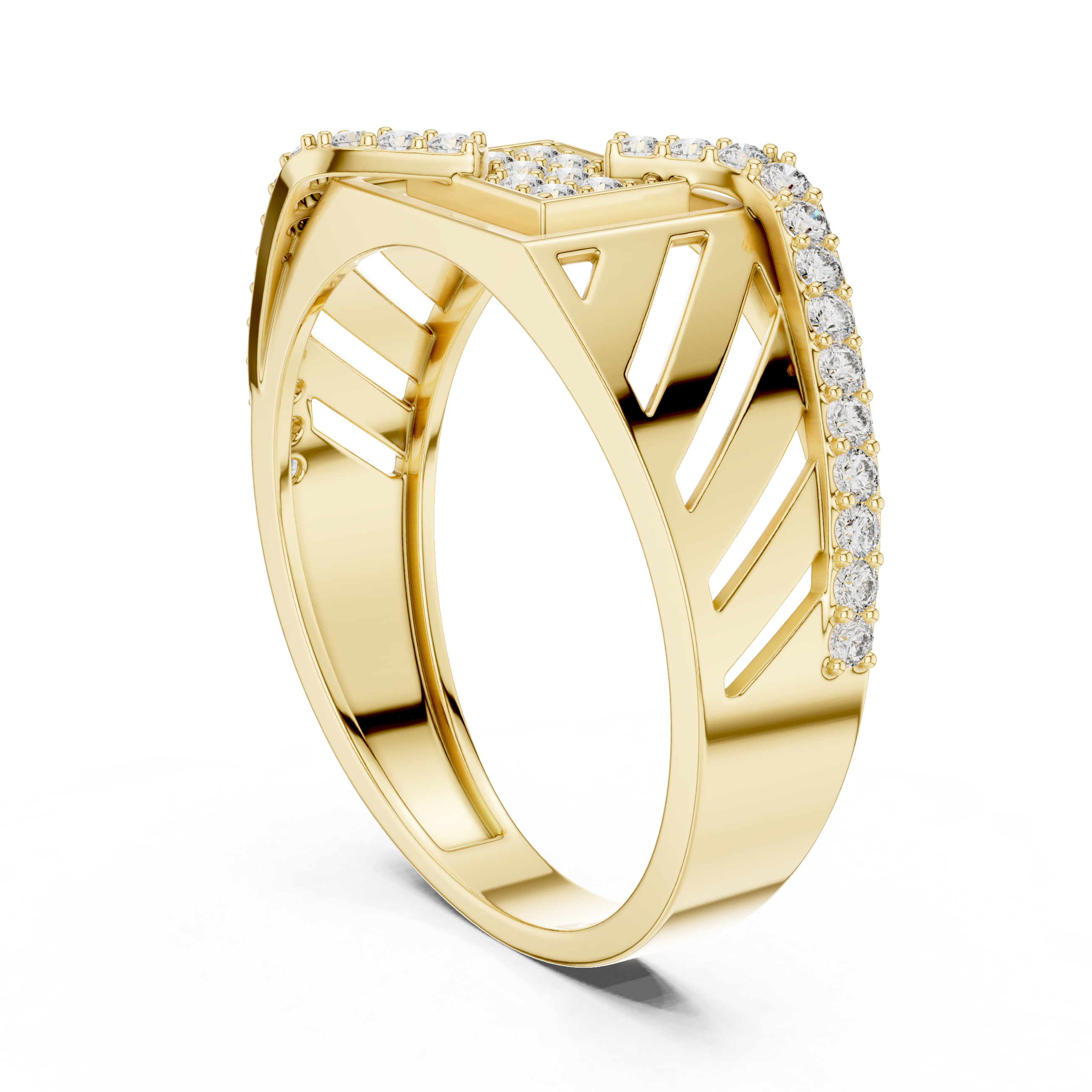 Modern Roman Numeral Diamond Ring with Wave Pavé Design