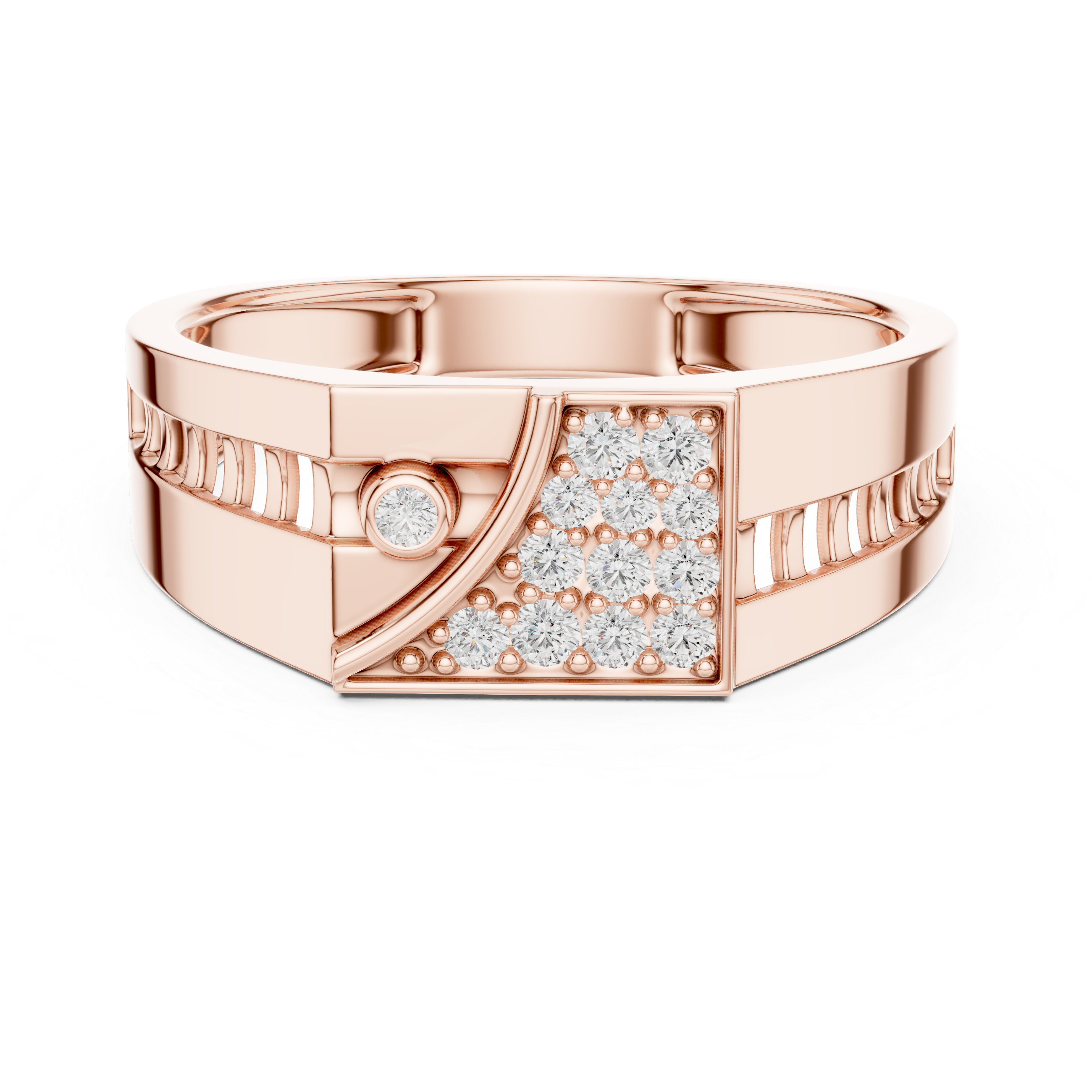 Modern Asymmetrical Diamond Signet Ring with Geometric Pavé Panel