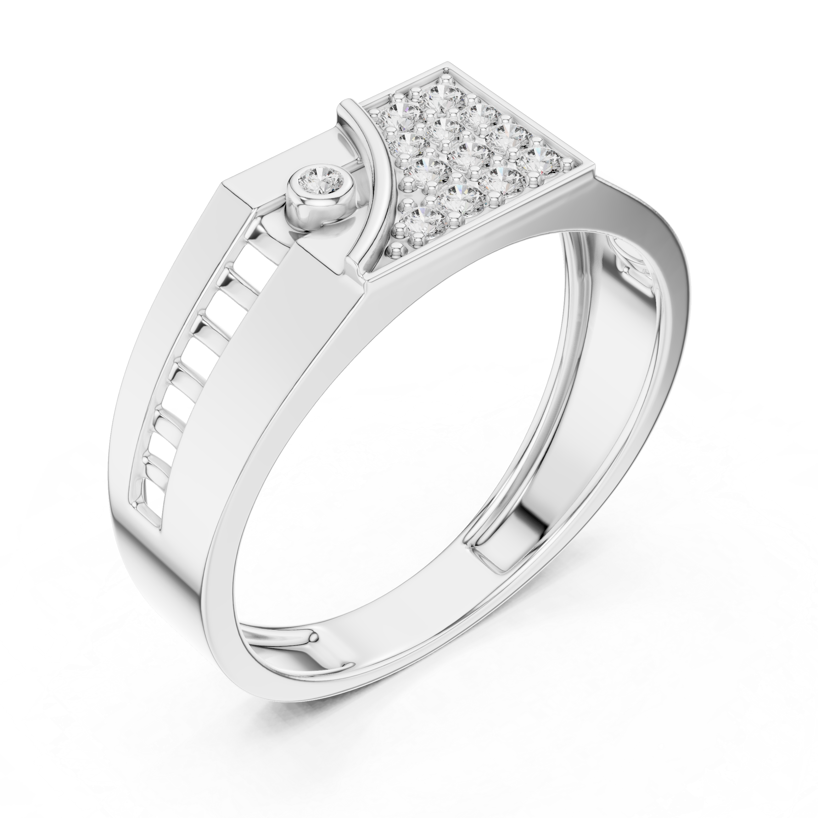 Modern Asymmetrical Diamond Signet Ring with Geometric Pavé Panel