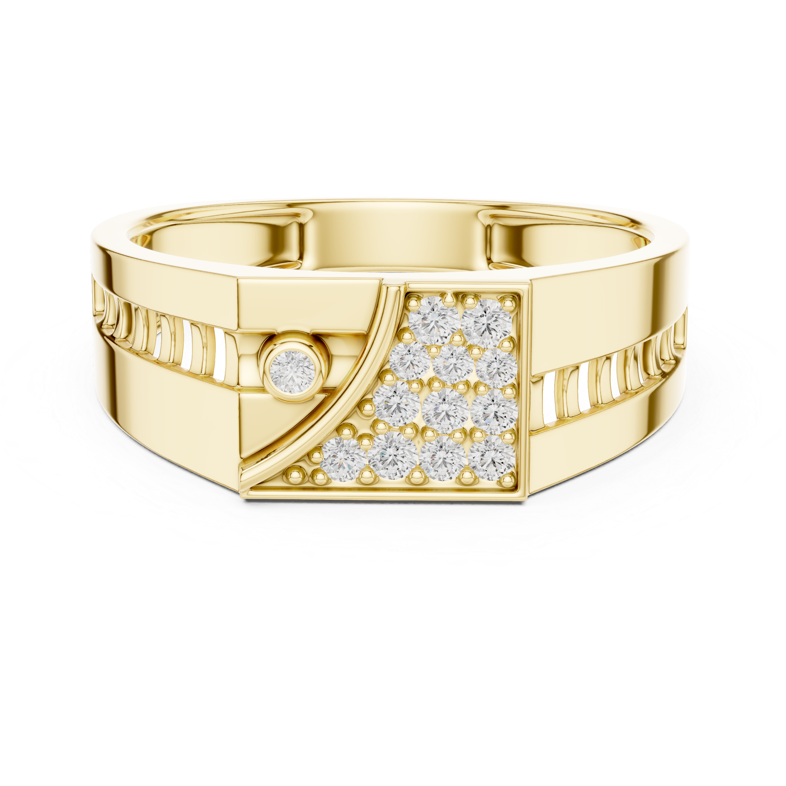 Modern Asymmetrical Diamond Signet Ring with Geometric Pavé Panel