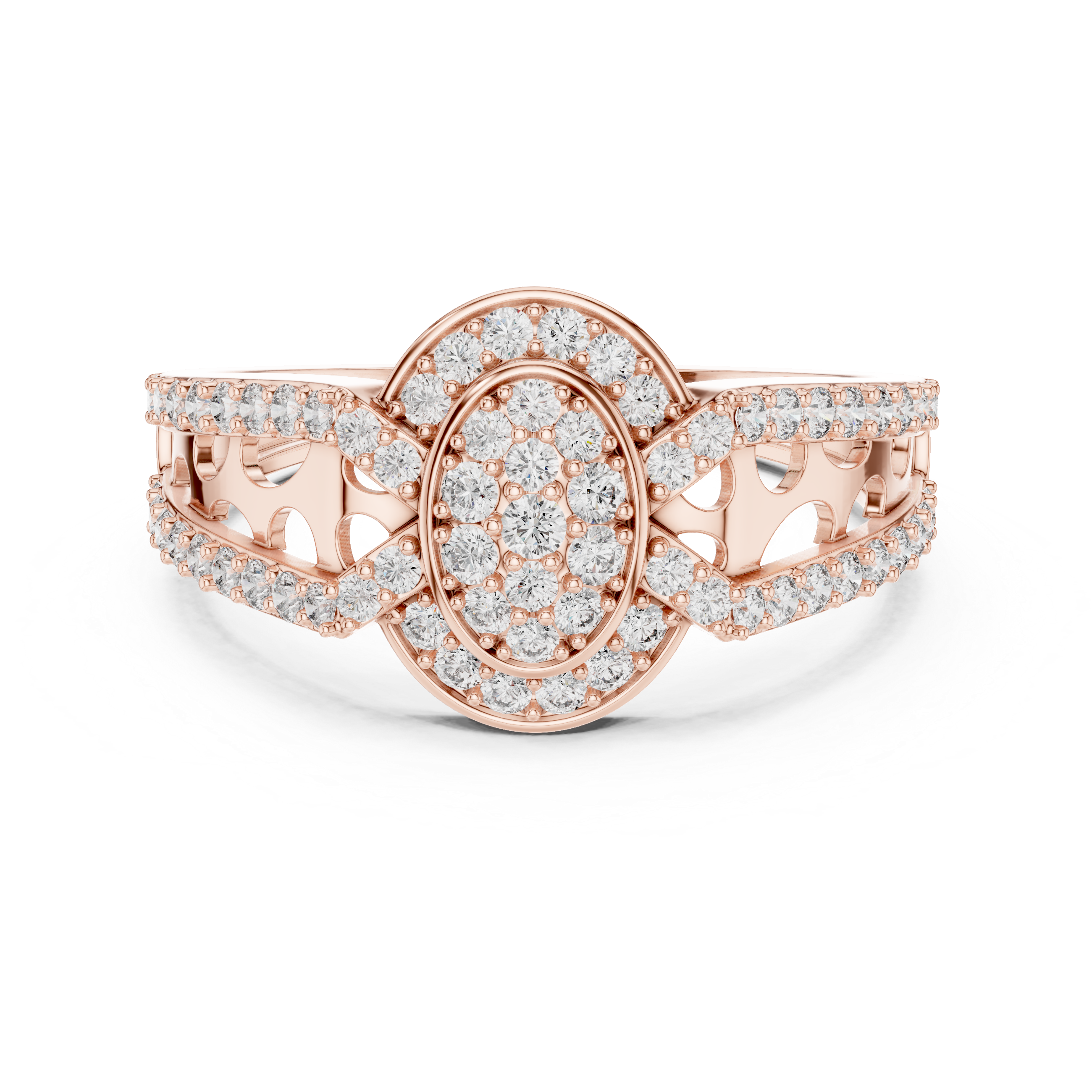 Oval Halo Diamond Ring with Split Pavé Band and Vintage Gallery Design