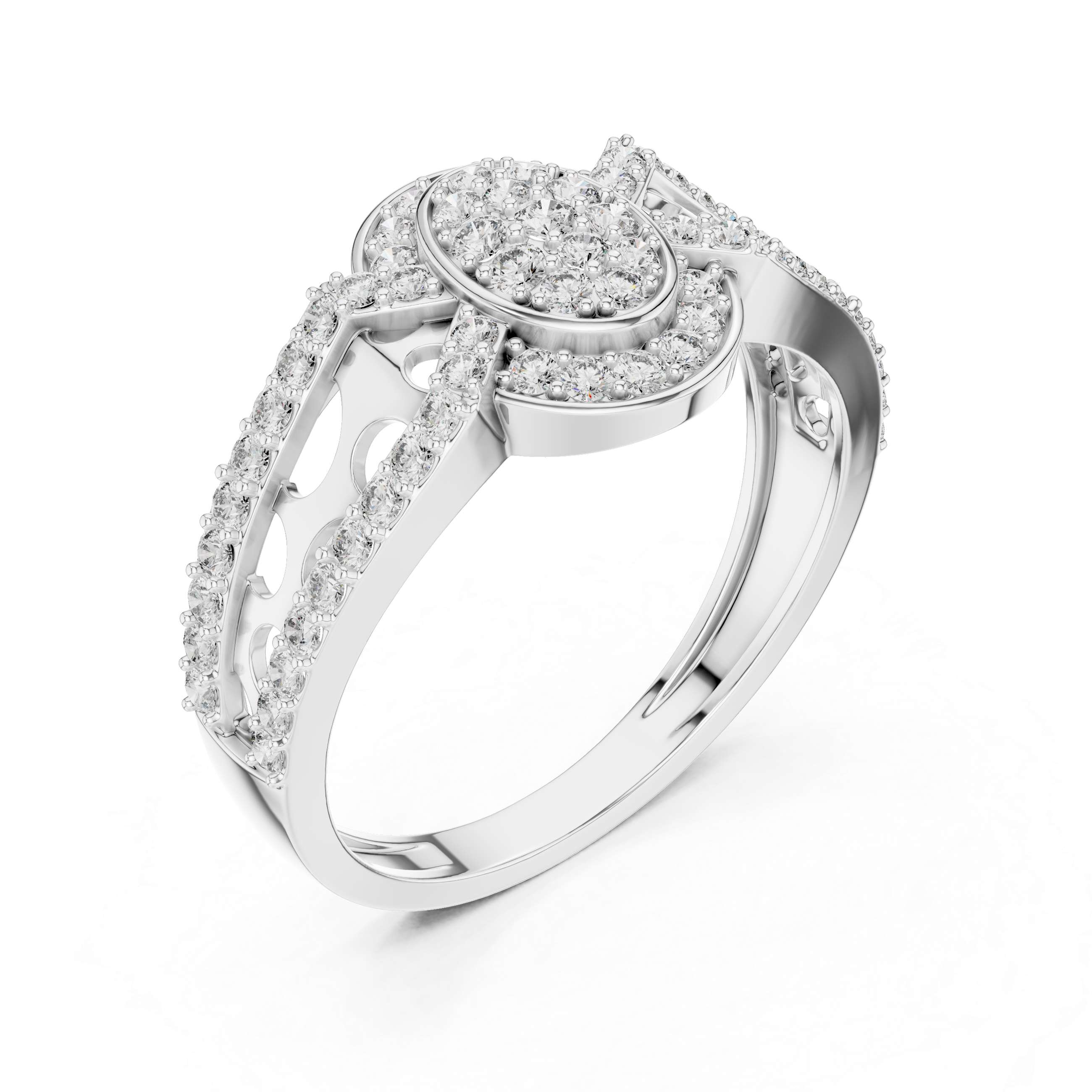 Oval Halo Diamond Ring with Split Pavé Band and Vintage Gallery Design