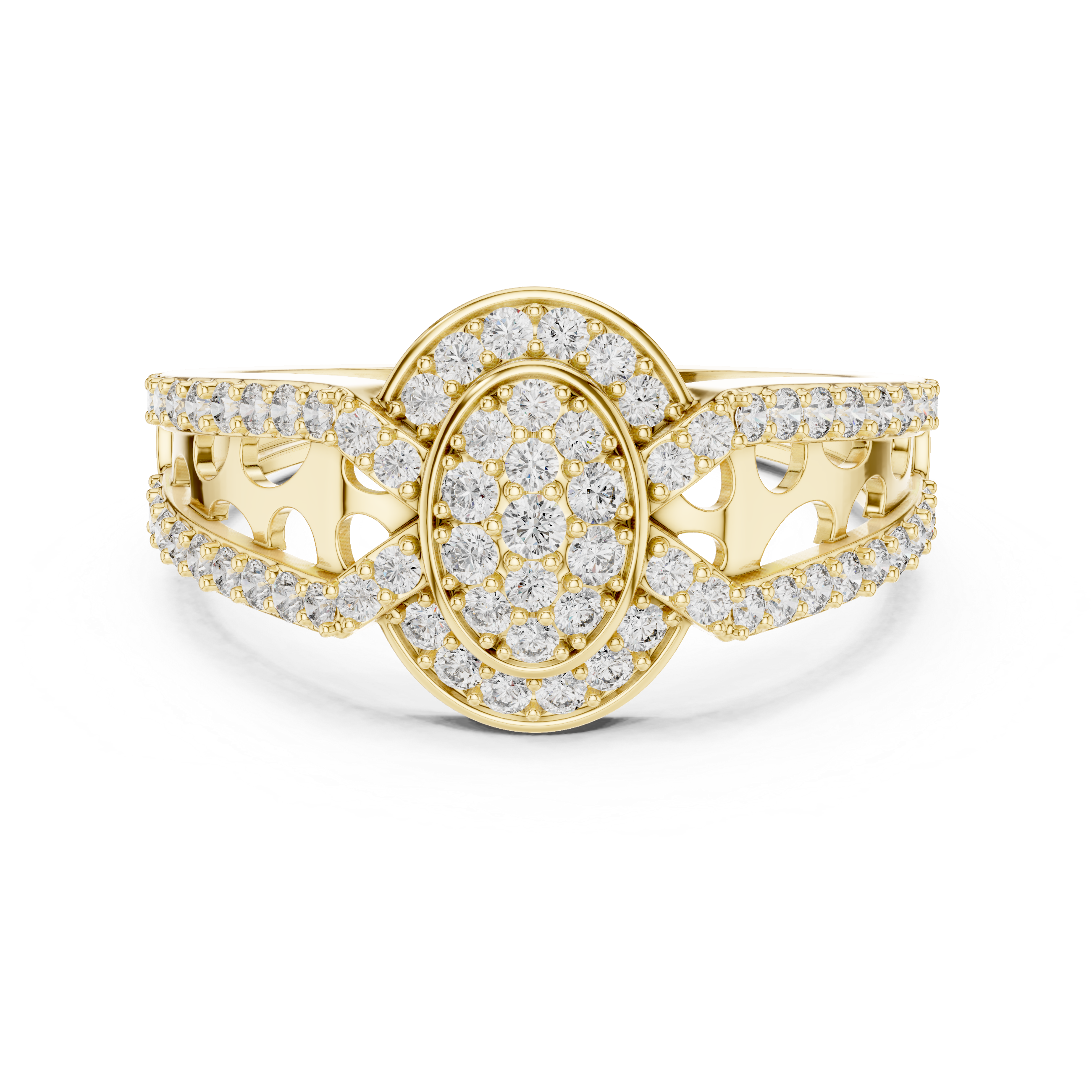 Oval Halo Diamond Ring with Split Pavé Band and Vintage Gallery Design