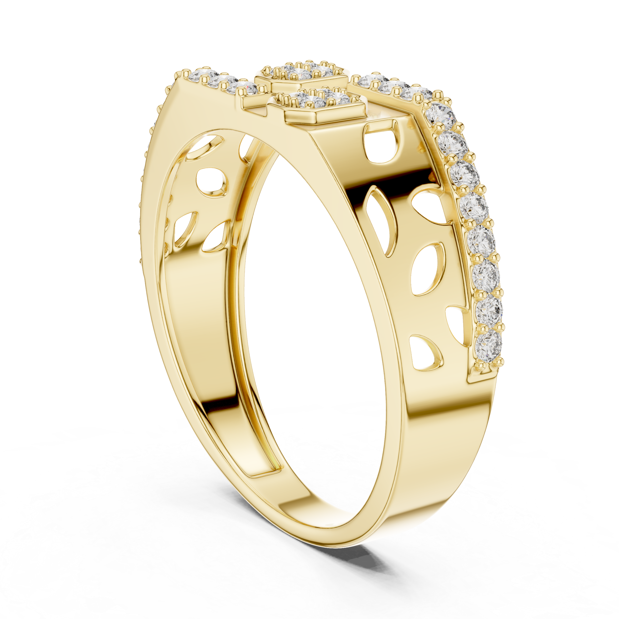 Modern Openwork Diamond Signet Ring with Geometric Pavé Accents