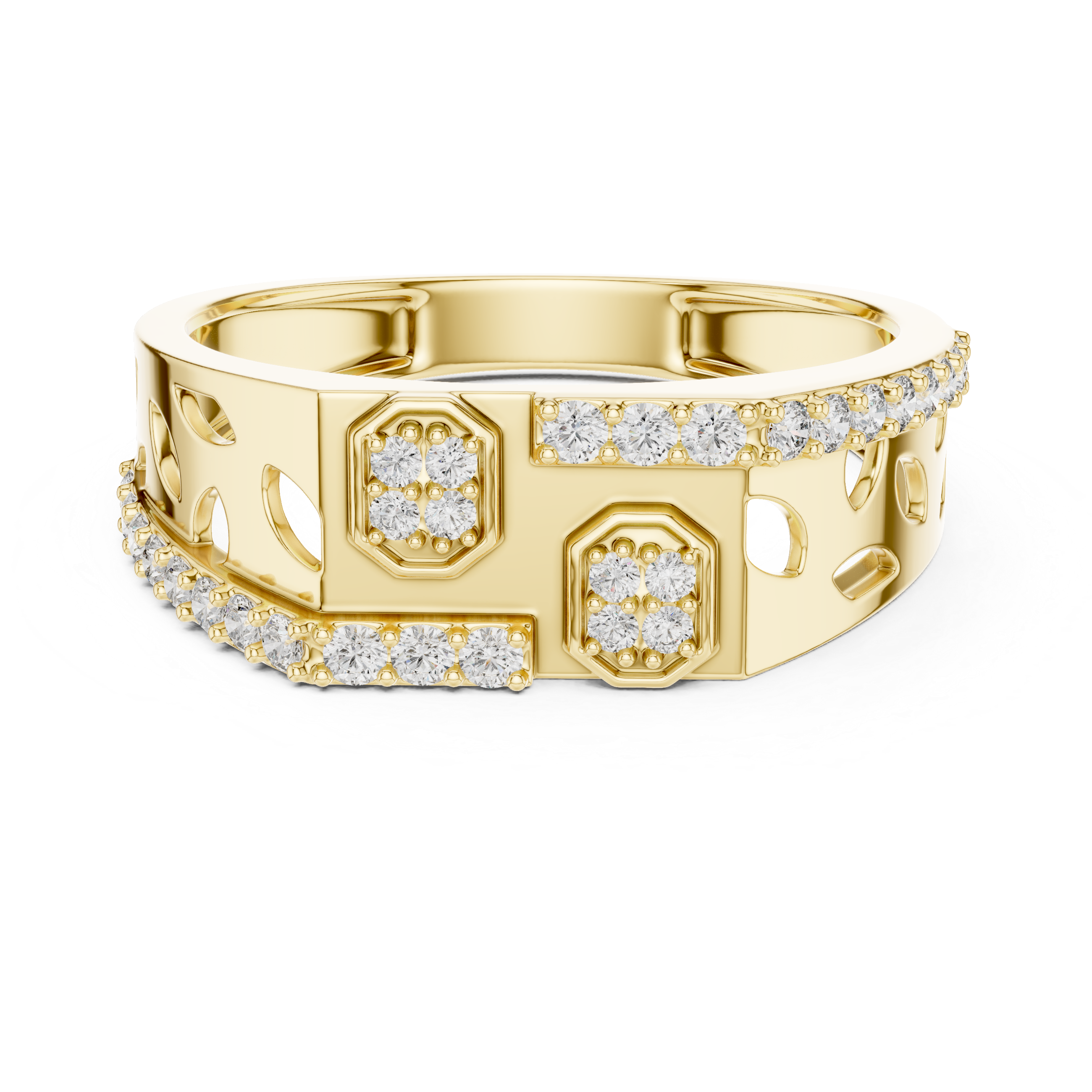 Modern Openwork Diamond Signet Ring with Geometric Pavé Accents