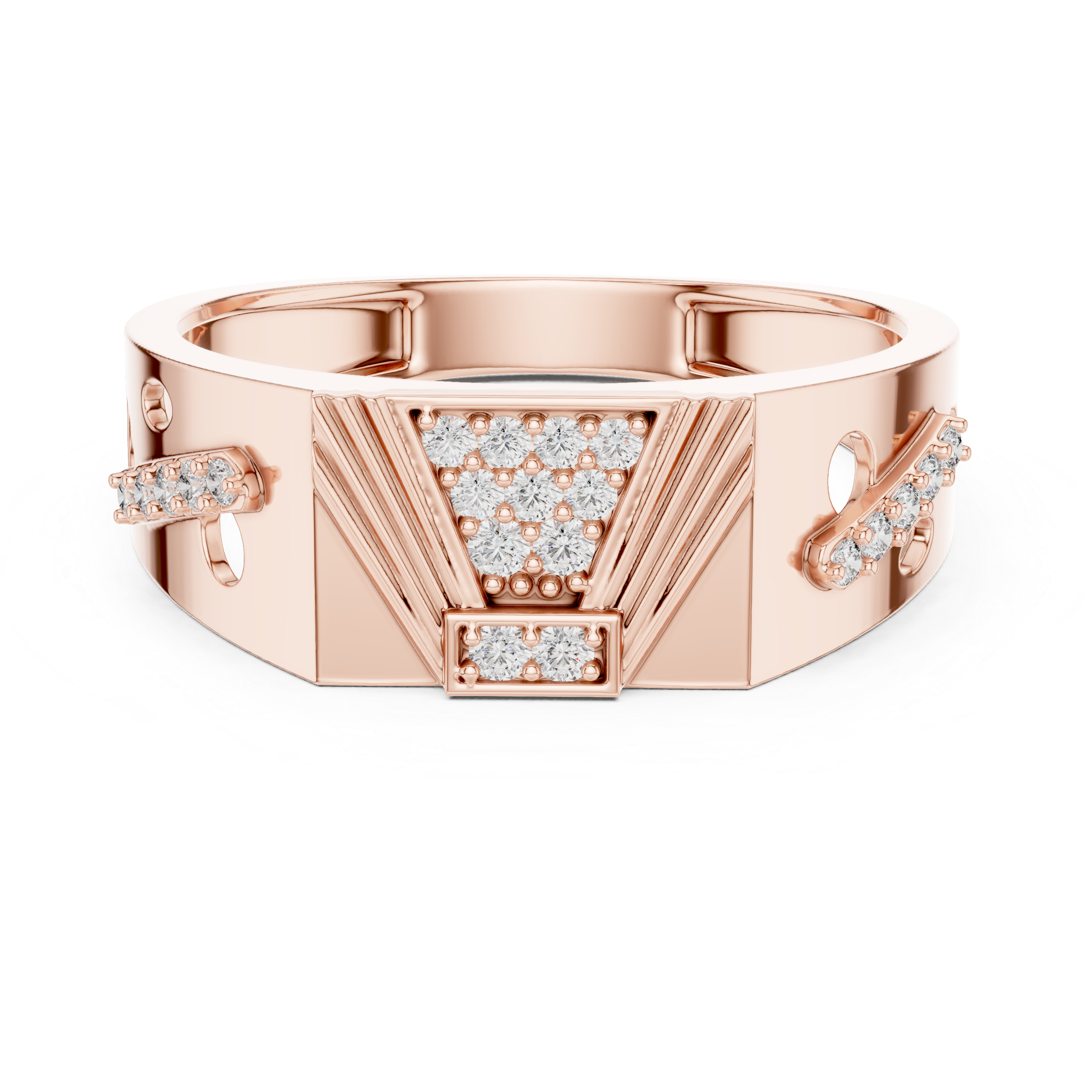 Modern Pyramid Diamond Signet Ring with Openwork Side Accents