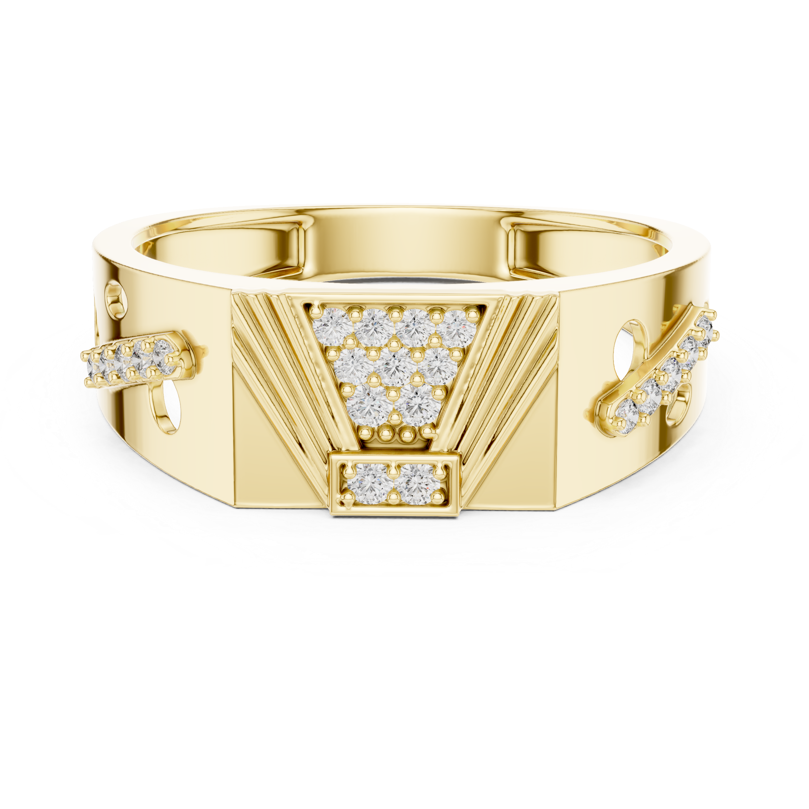 Modern Pyramid Diamond Signet Ring with Openwork Side Accents
