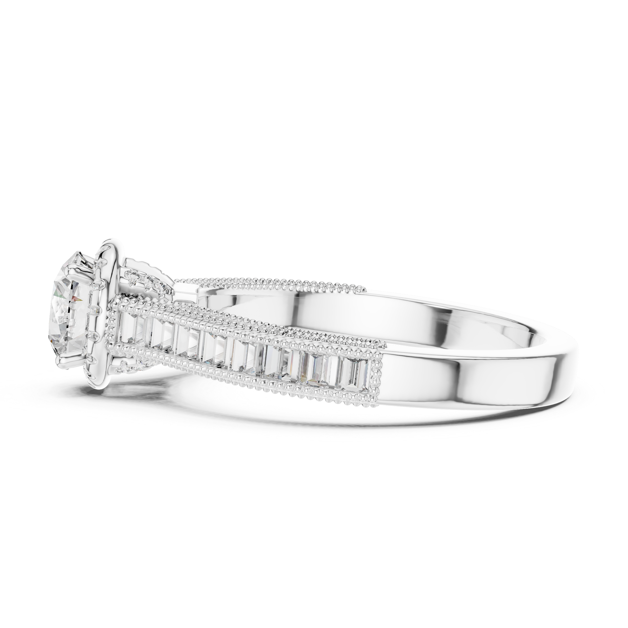 Round Halo Engagement Ring with Baguette Diamond Band – Vintage Milgrain Bridal Ring