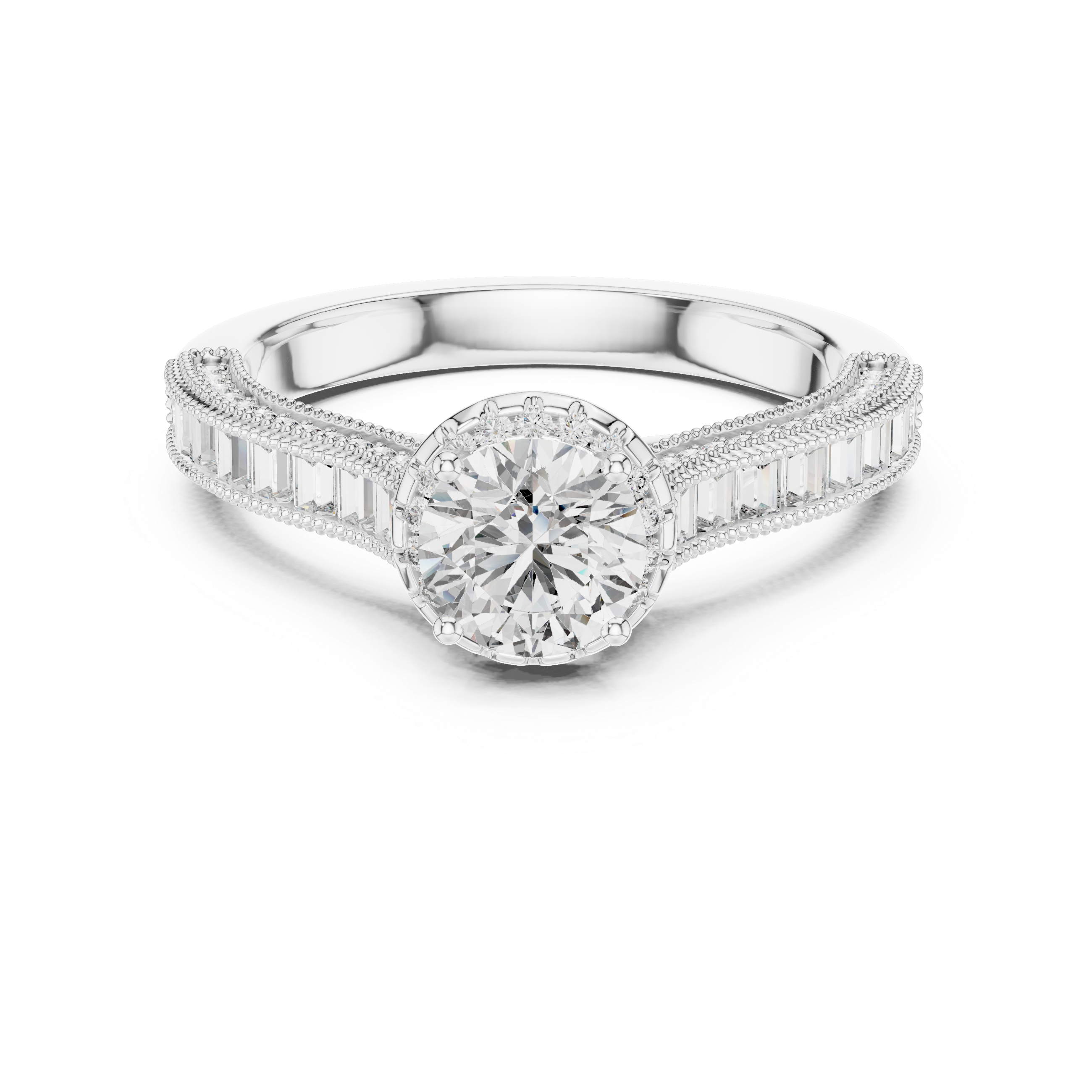 Round Halo Engagement Ring with Baguette Diamond Band – Vintage Milgrain Bridal Ring
