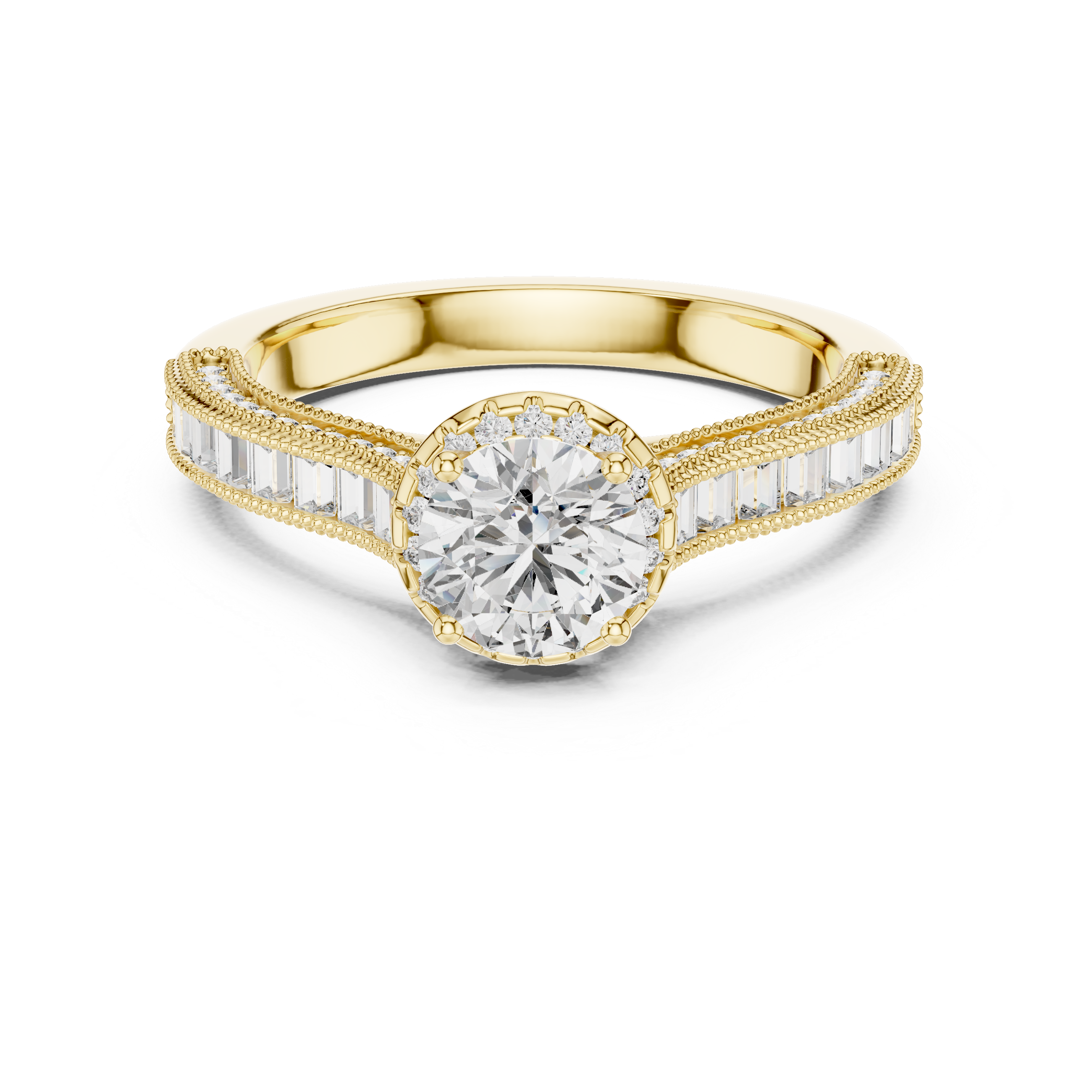 Round Halo Engagement Ring with Baguette Diamond Band – Vintage Milgrain Bridal Ring