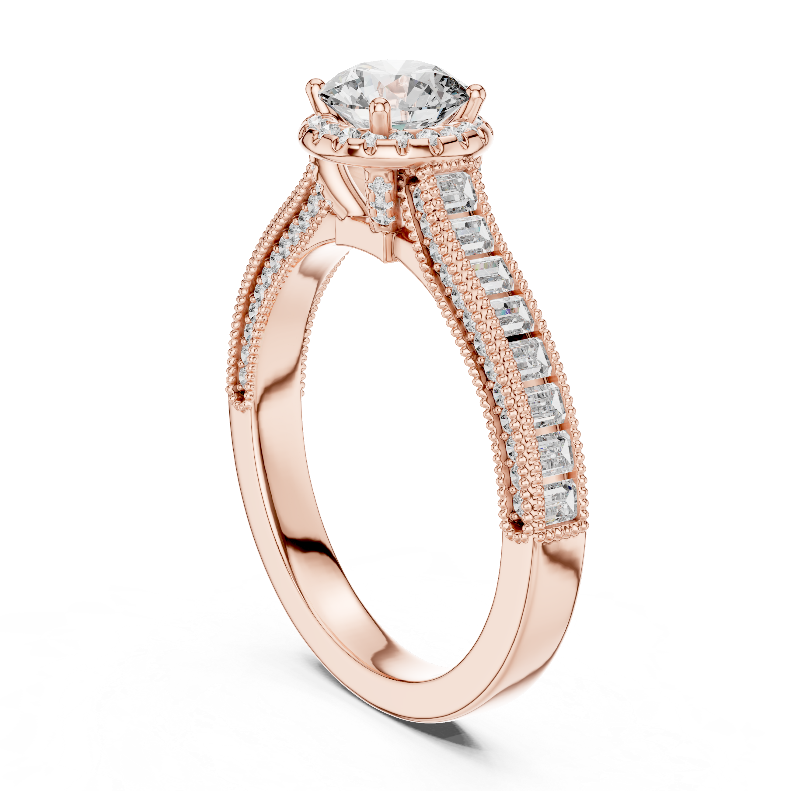 Round Halo Engagement Ring with Baguette Diamond Band – Vintage Milgrain Bridal Ring