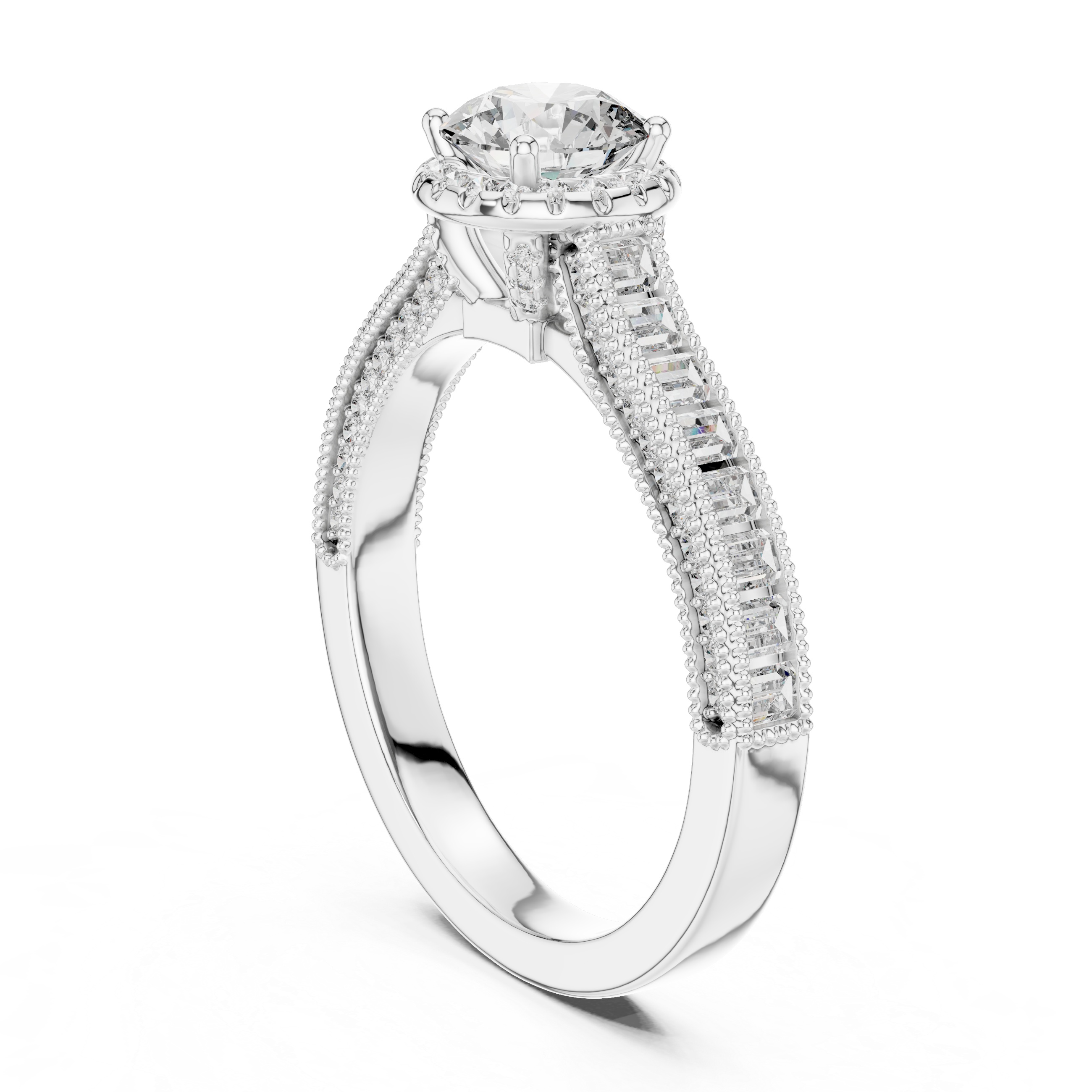 Round Halo Engagement Ring with Baguette Diamond Band – Vintage Milgrain Bridal Ring