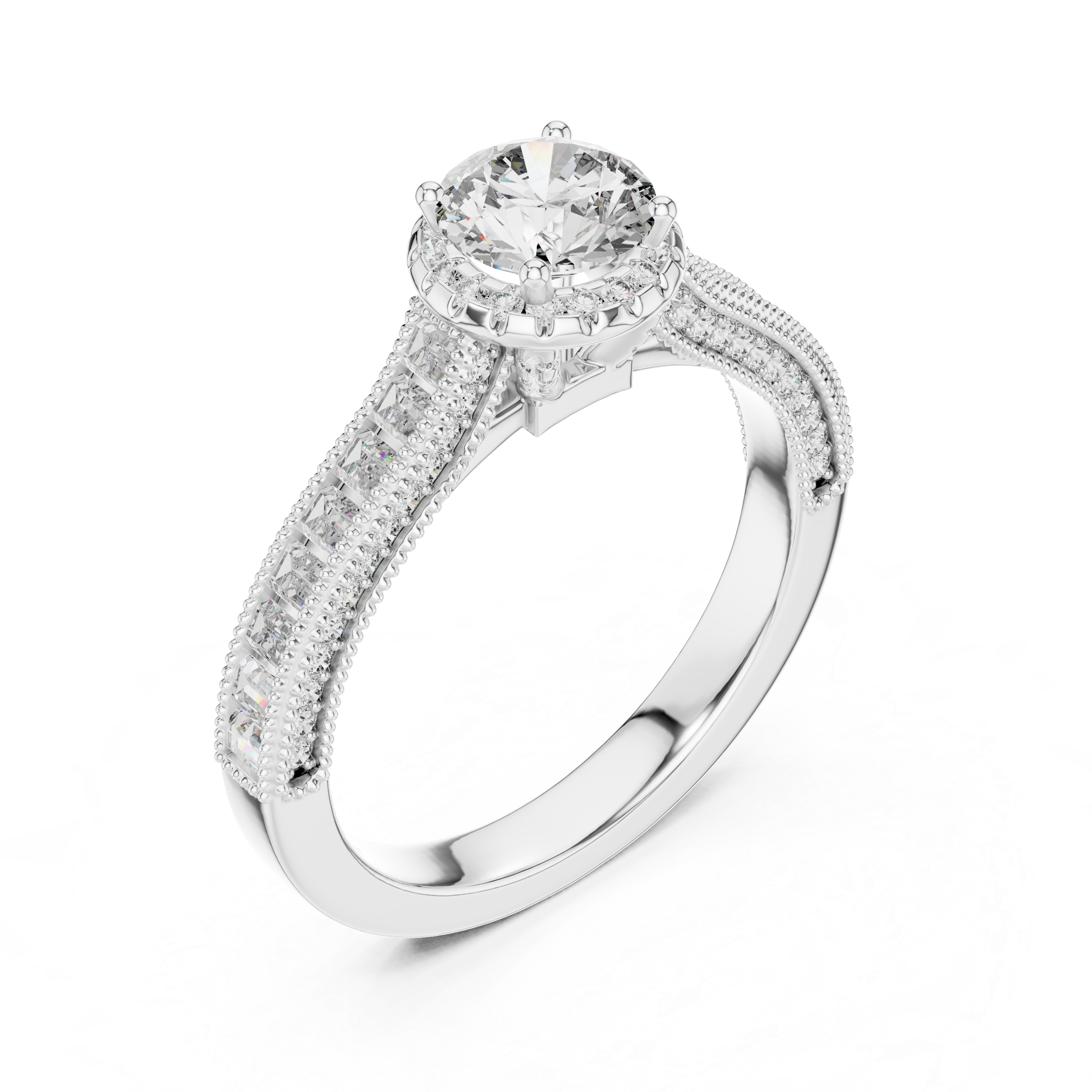 Round Halo Engagement Ring with Baguette Diamond Band – Vintage Milgrain Bridal Ring