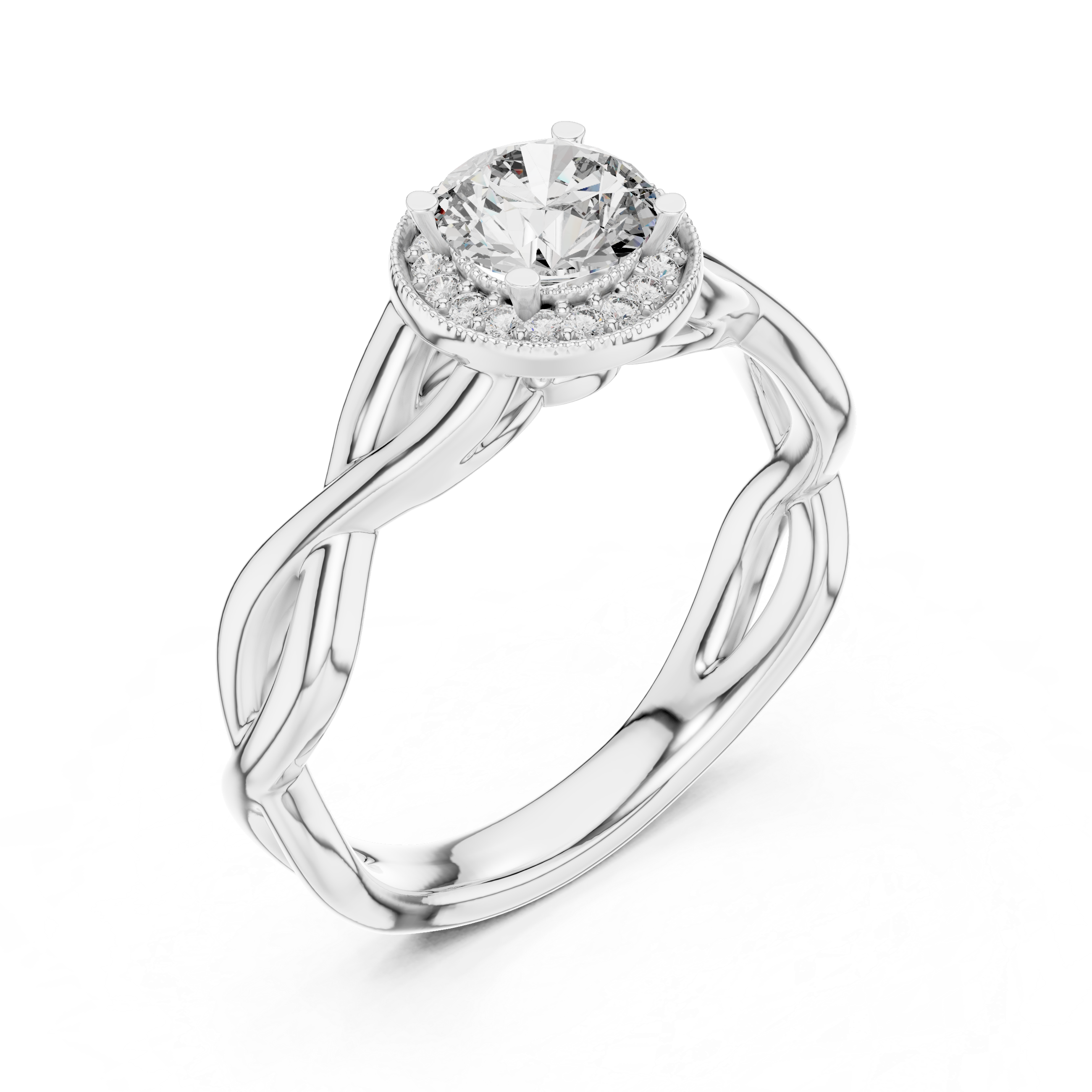 Twisted Infinity Halo Engagement Ring – Round Diamond Celtic Inspired Bridal Ring