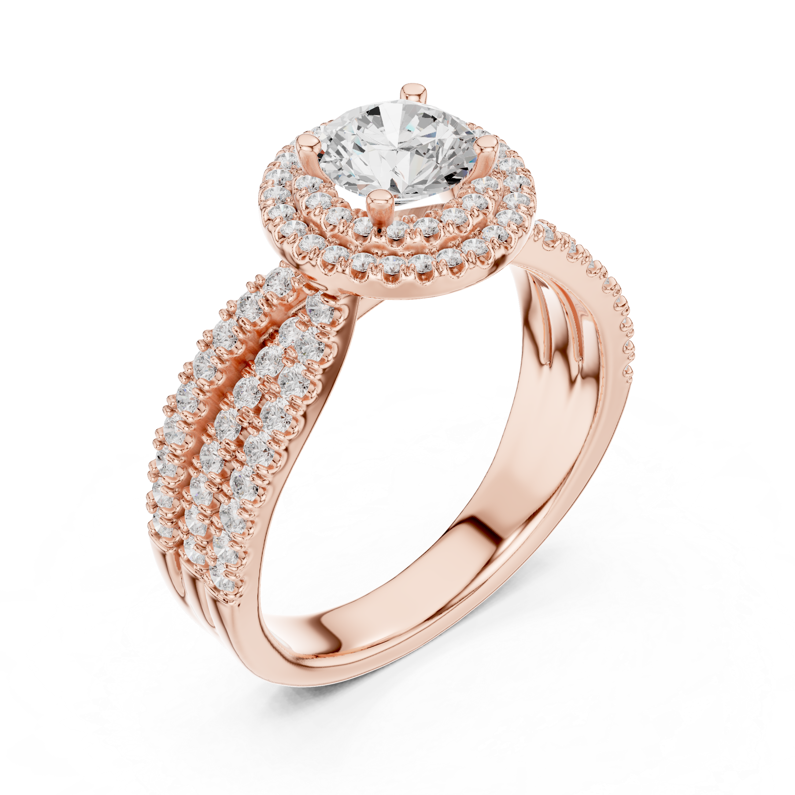 Double Halo Split Shank Engagement Ring – Luxury Round Diamond Bridal Ring