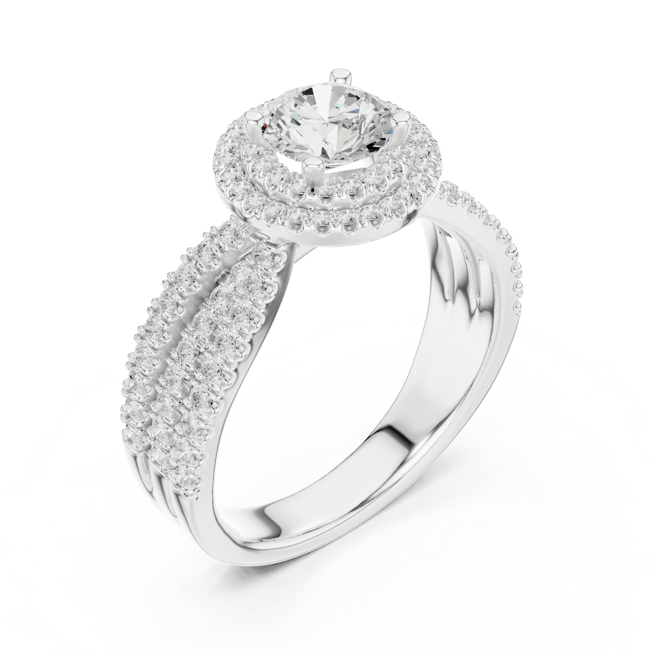 Double Halo Split Shank Engagement Ring – Luxury Round Diamond Bridal Ring