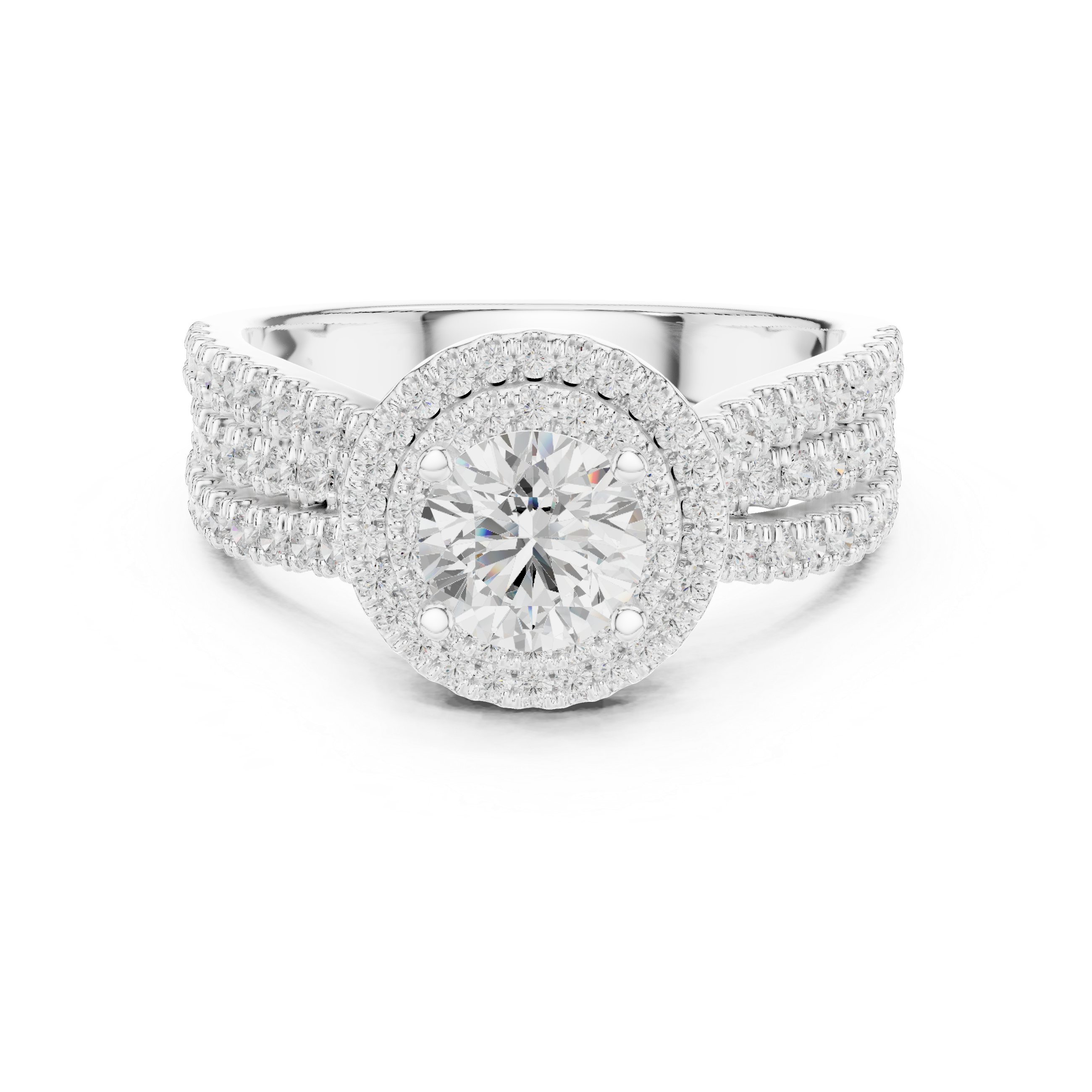 Double Halo Split Shank Engagement Ring – Luxury Round Diamond Bridal Ring