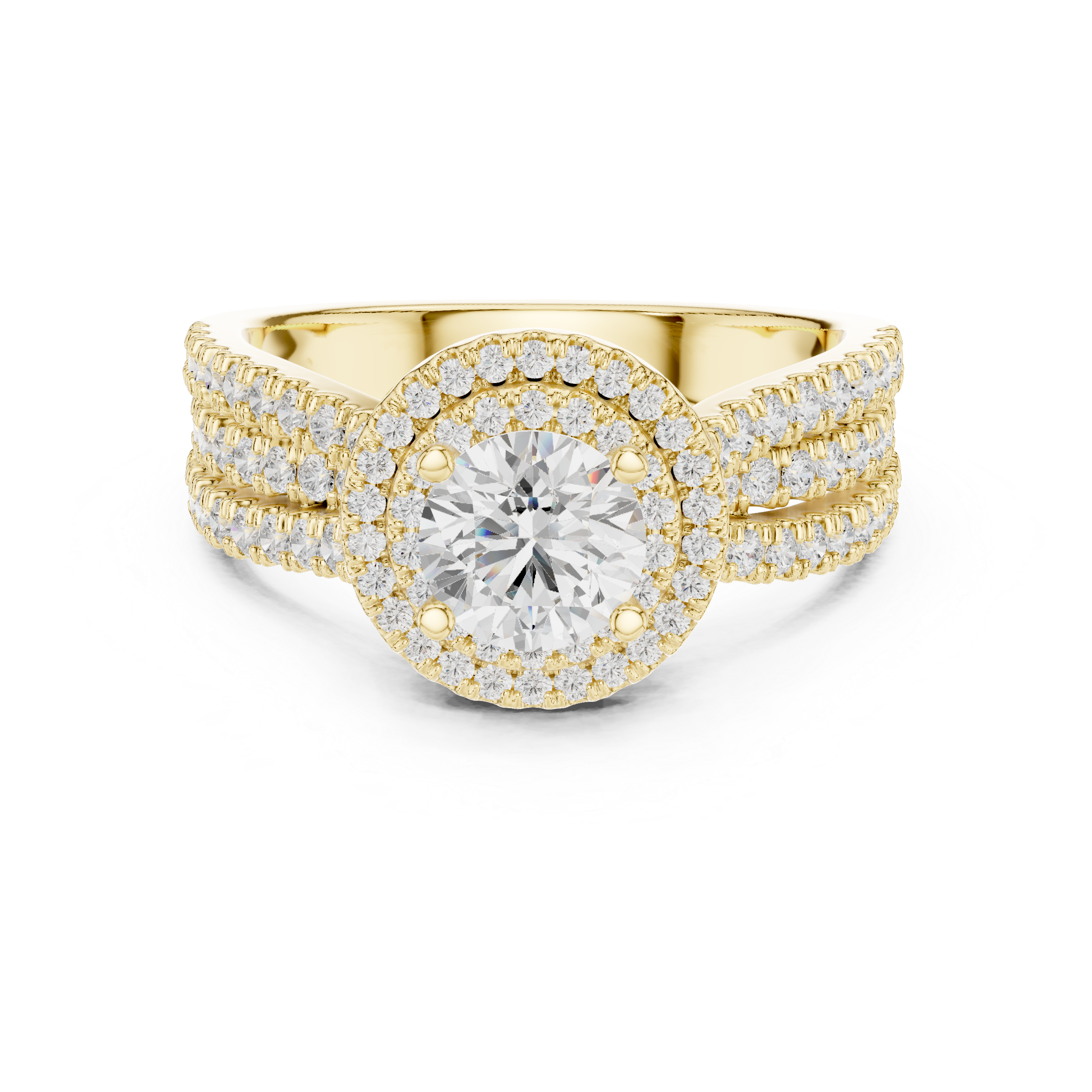Double Halo Split Shank Engagement Ring – Luxury Round Diamond Bridal Ring
