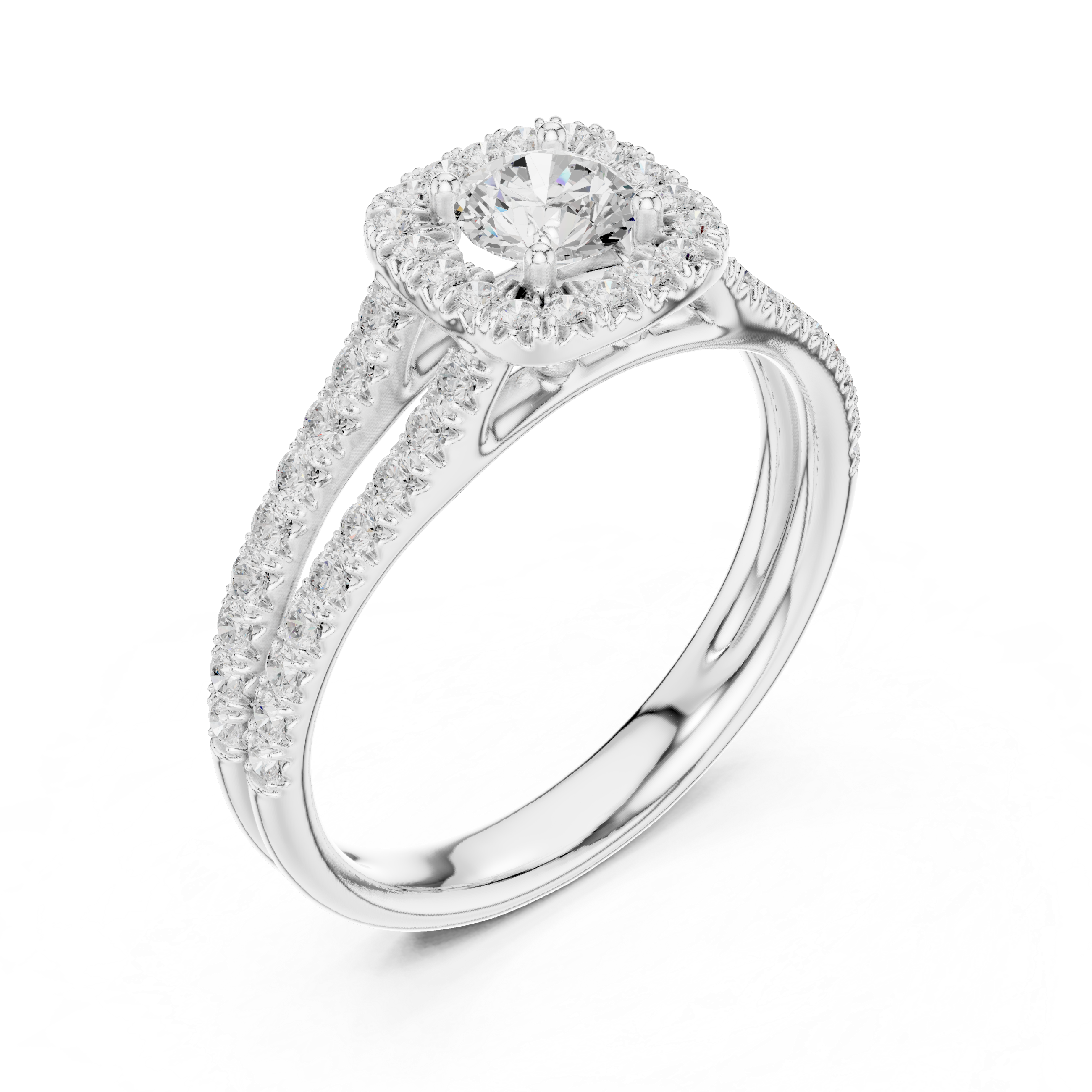 Double Split Shank Halo Diamond Engagement Ring – Pavé Bridal Ring