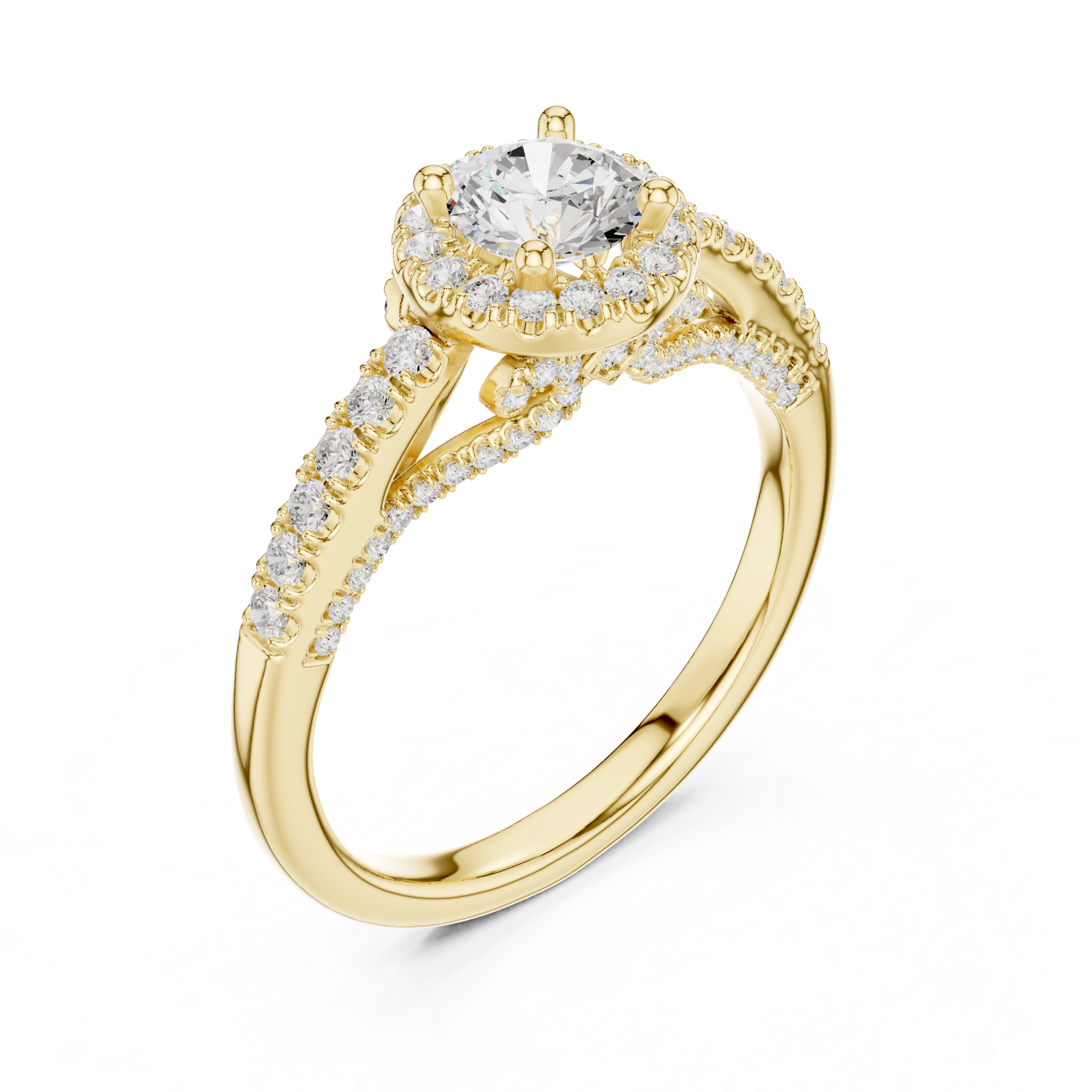 Vintage Inspired Halo Diamond Engagement Ring – Split Pavé Shank Bridal Ring