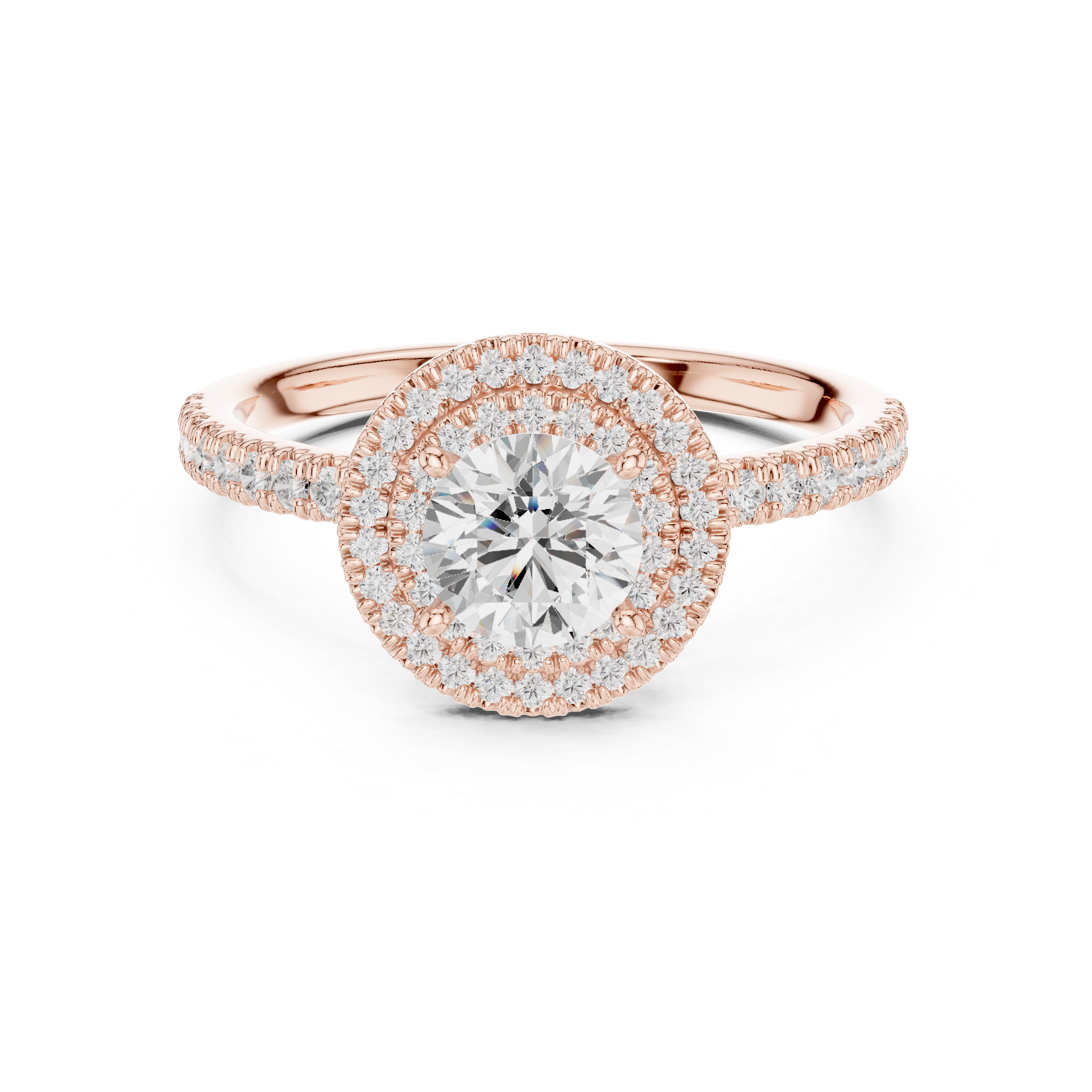 Double Halo Diamond Engagement Ring – Round Cut Pavé Bridal Ring