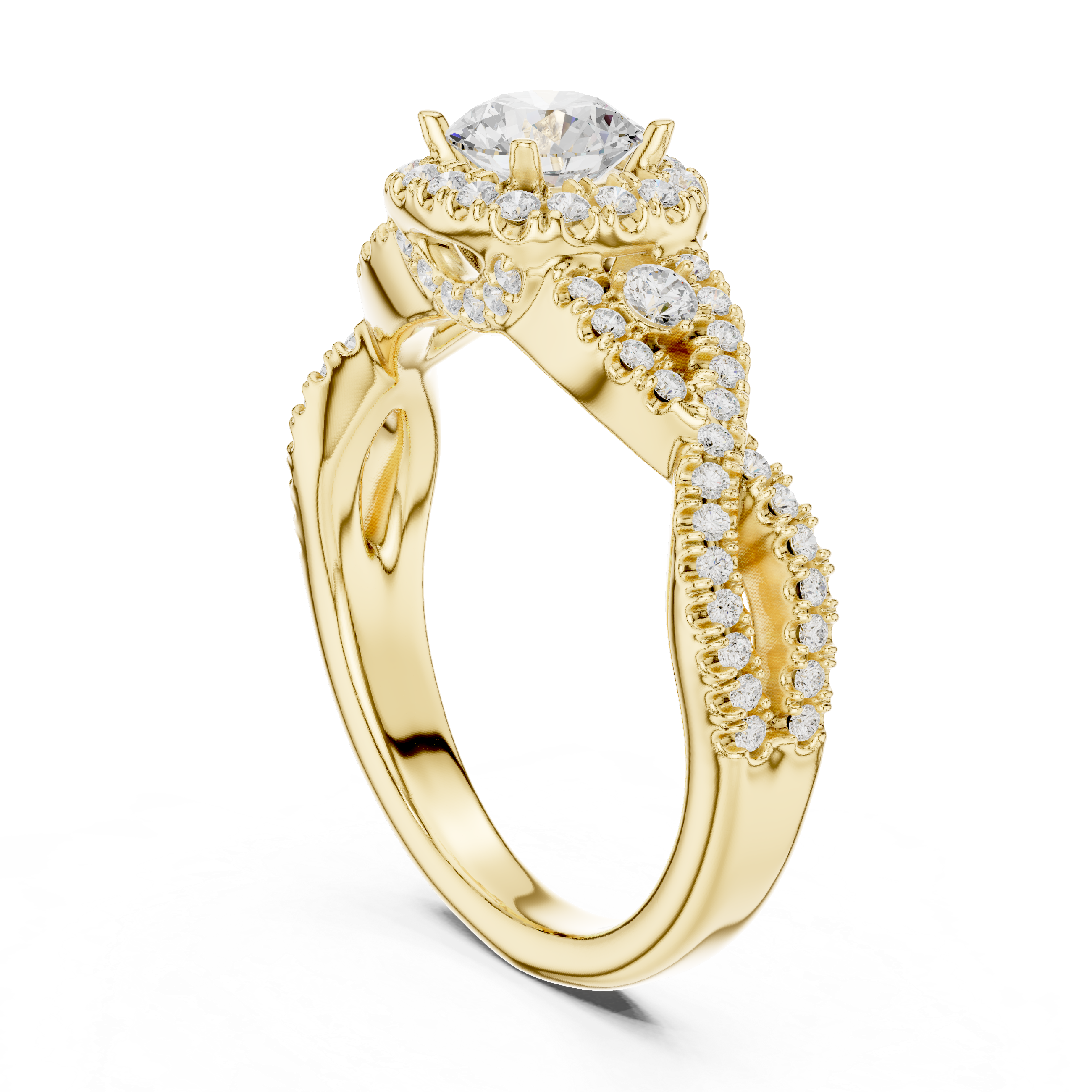 Vintage Halo Diamond Engagement Ring – Twisted Pavé Bridal Ring with Milgrain Details