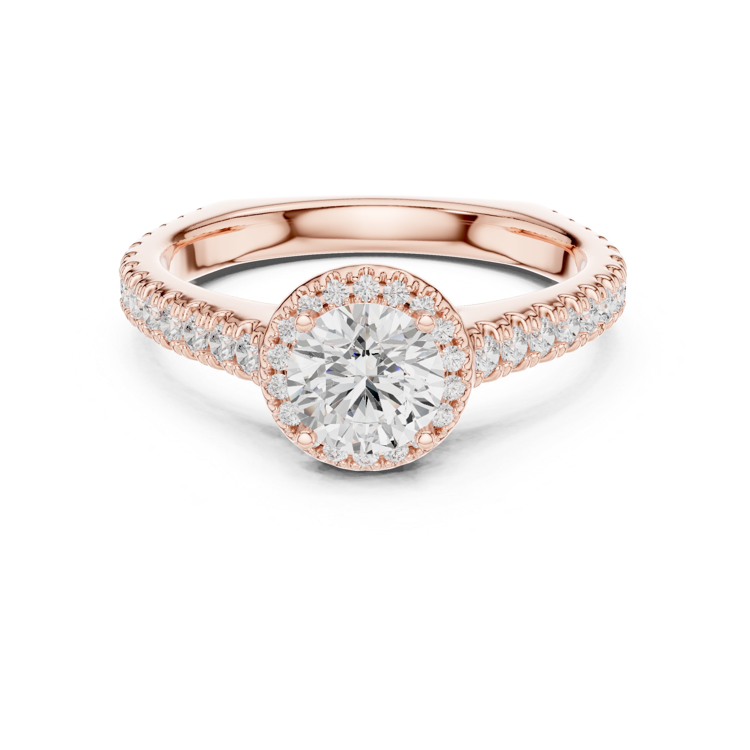 Round Halo Diamond Engagement Ring – Pavé Band Bridal Ring with Hidden Gallery